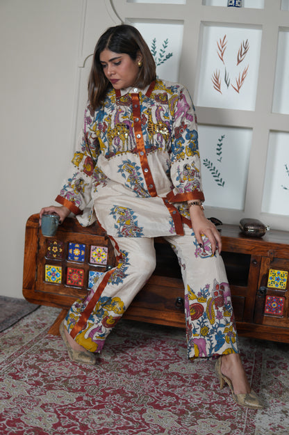 NAYANTARA IVORY KALAMKARI SHIRT AND PANTS SET