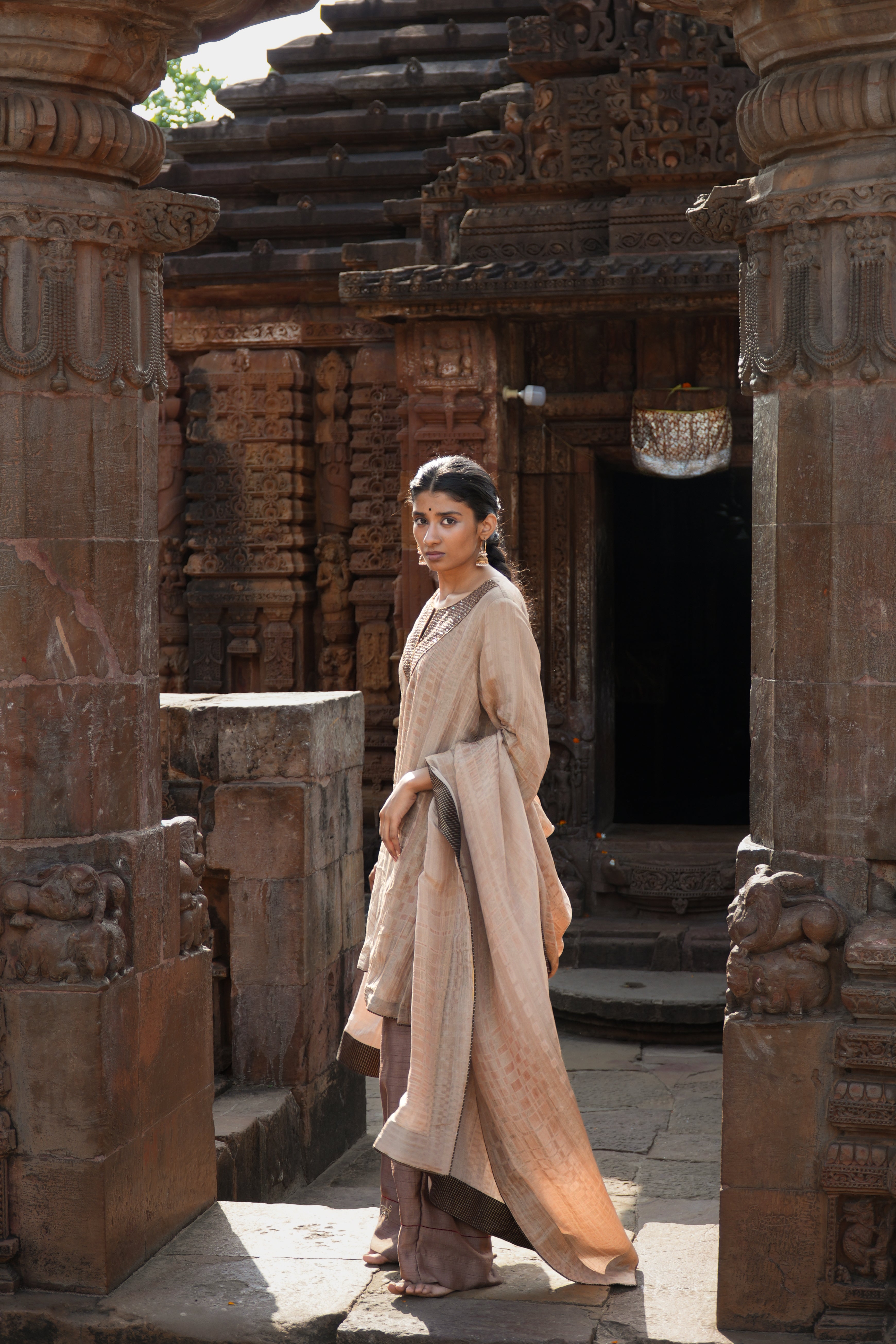 SWATANTRATA Hand-Embroidered Pure Crushed Chanderi Tissue Kurta Set
