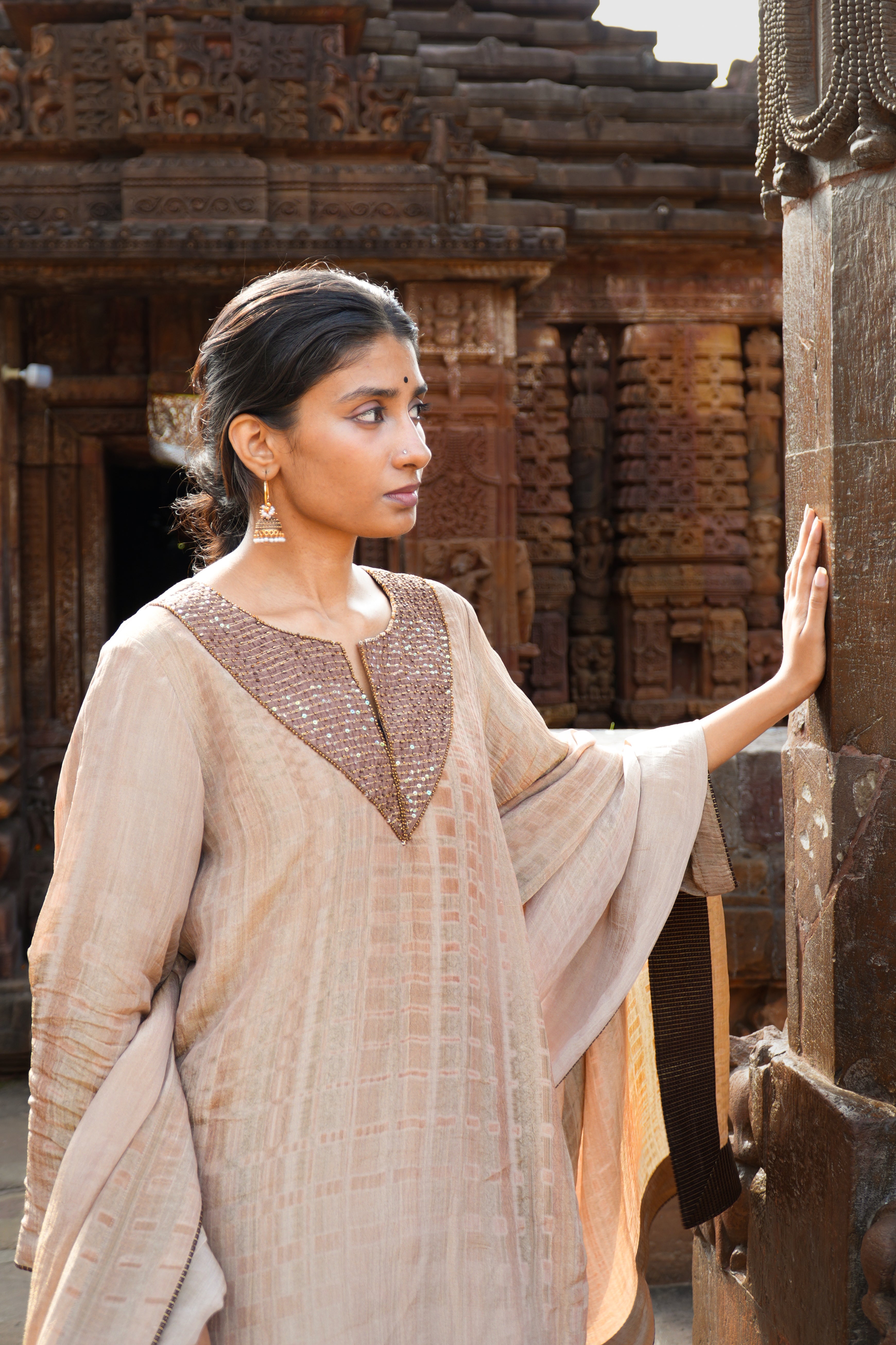 SWATANTRATA Hand-Embroidered Pure Crushed Chanderi Tissue Kurta Set