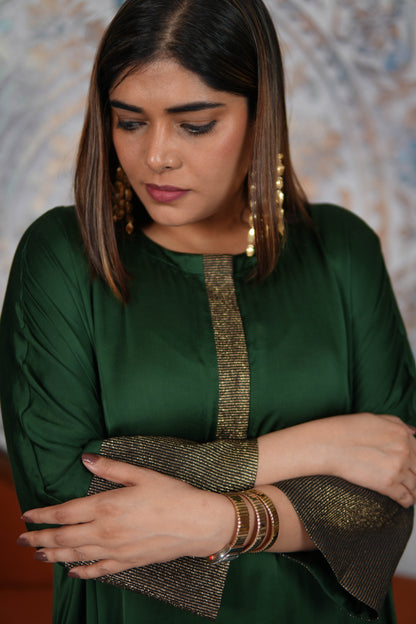 NOOR-E-SABZ EMERALD MODAL SILK KURTA SET WITH BRONZE TISSUE DETAILING