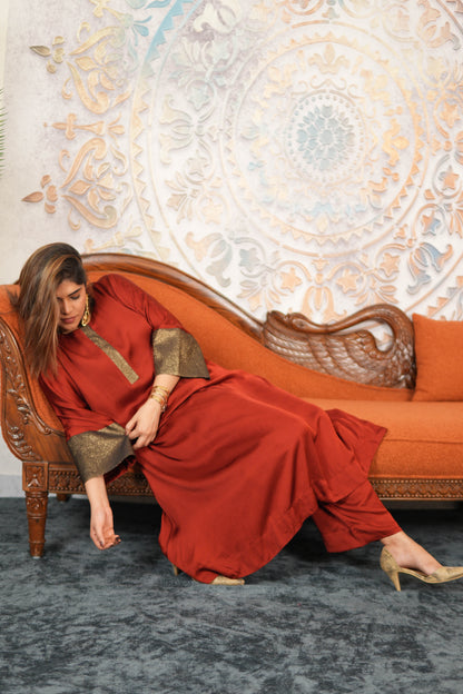 RUBY RUSSET MODAL SILK KURTA SET WITH BRONZE TISSUE DETAILING