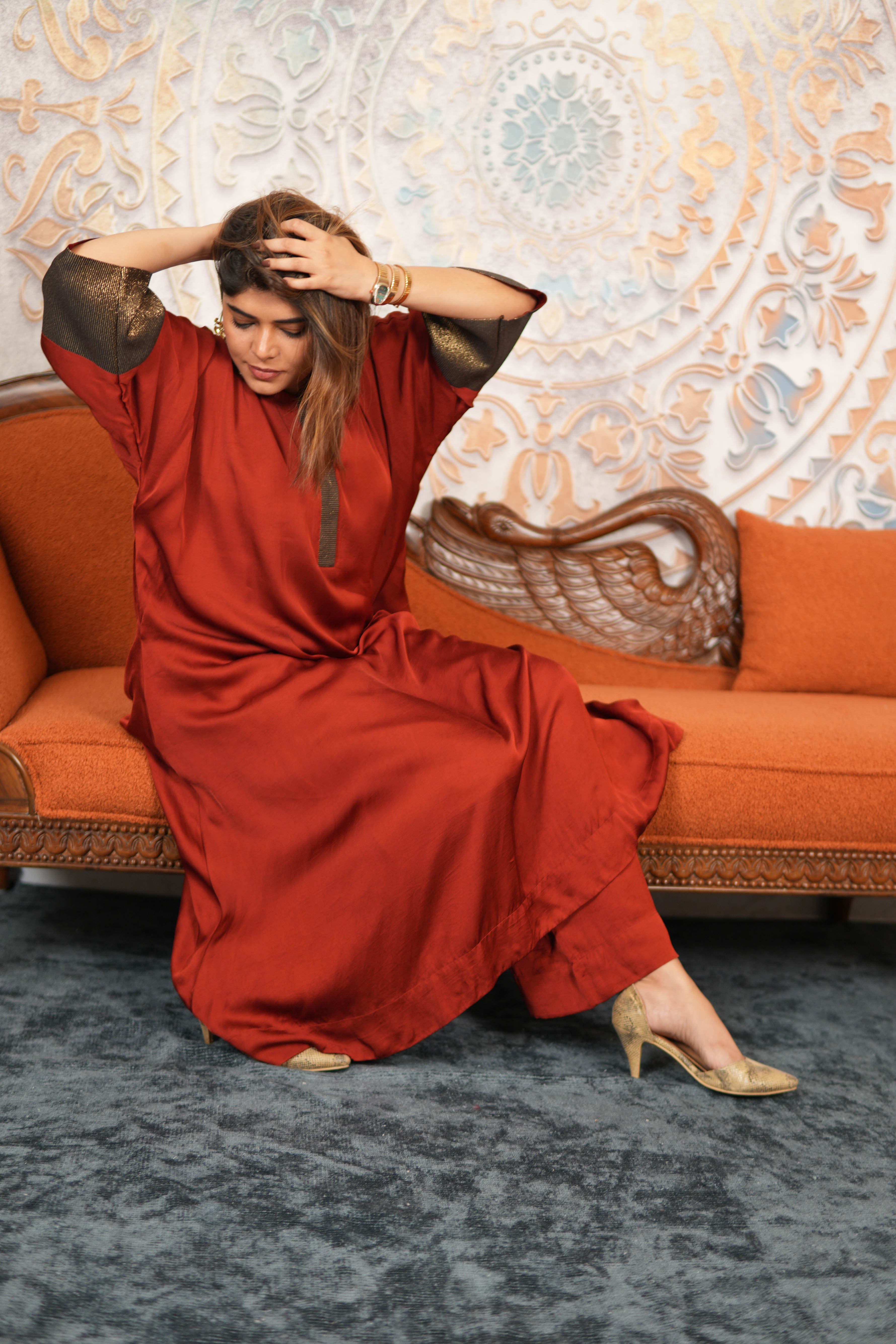 RUBY RUSSET MODAL SILK KURTA SET WITH BRONZE TISSUE DETAILING