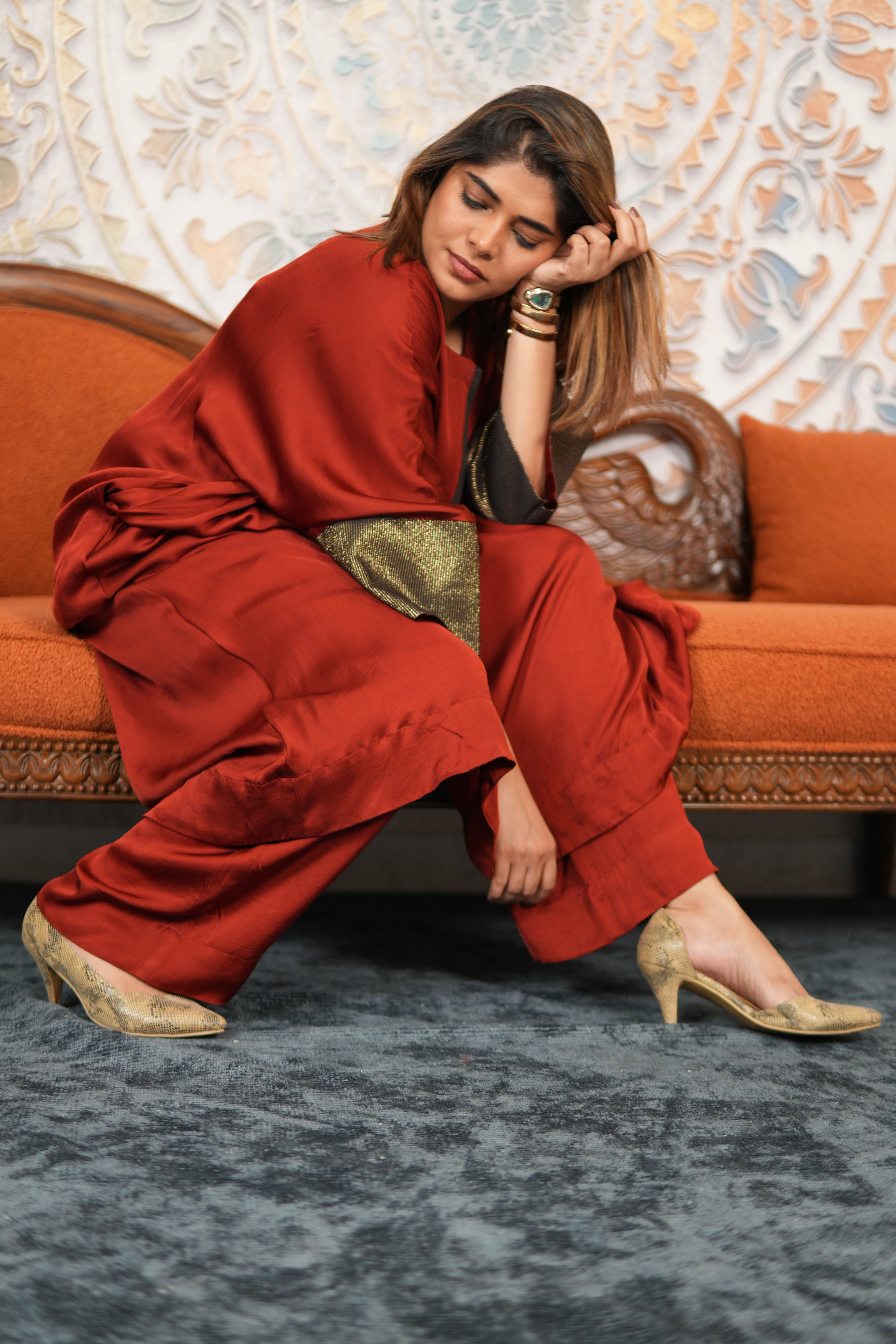 RUBY RUSSET MODAL SILK KURTA SET WITH BRONZE TISSUE DETAILING