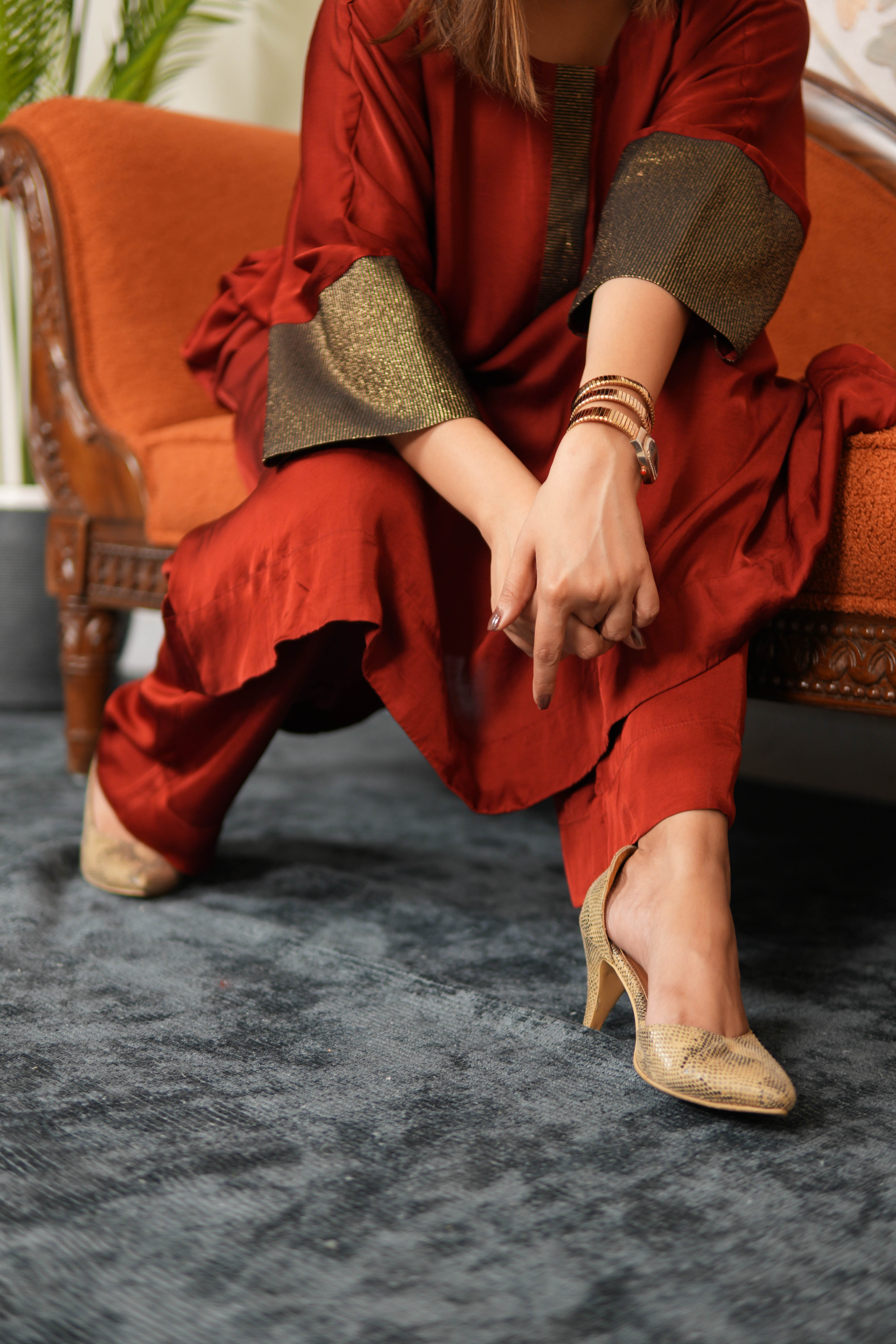 RUBY RUSSET MODAL SILK KURTA SET WITH BRONZE TISSUE DETAILING