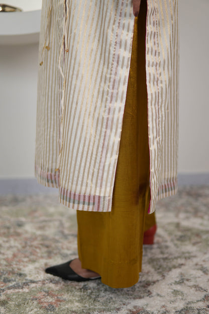 SEHAJ CHANDERI SILK ANGRAKHA TUNIC WITH GOLDEN MASHRU SILK PANTS