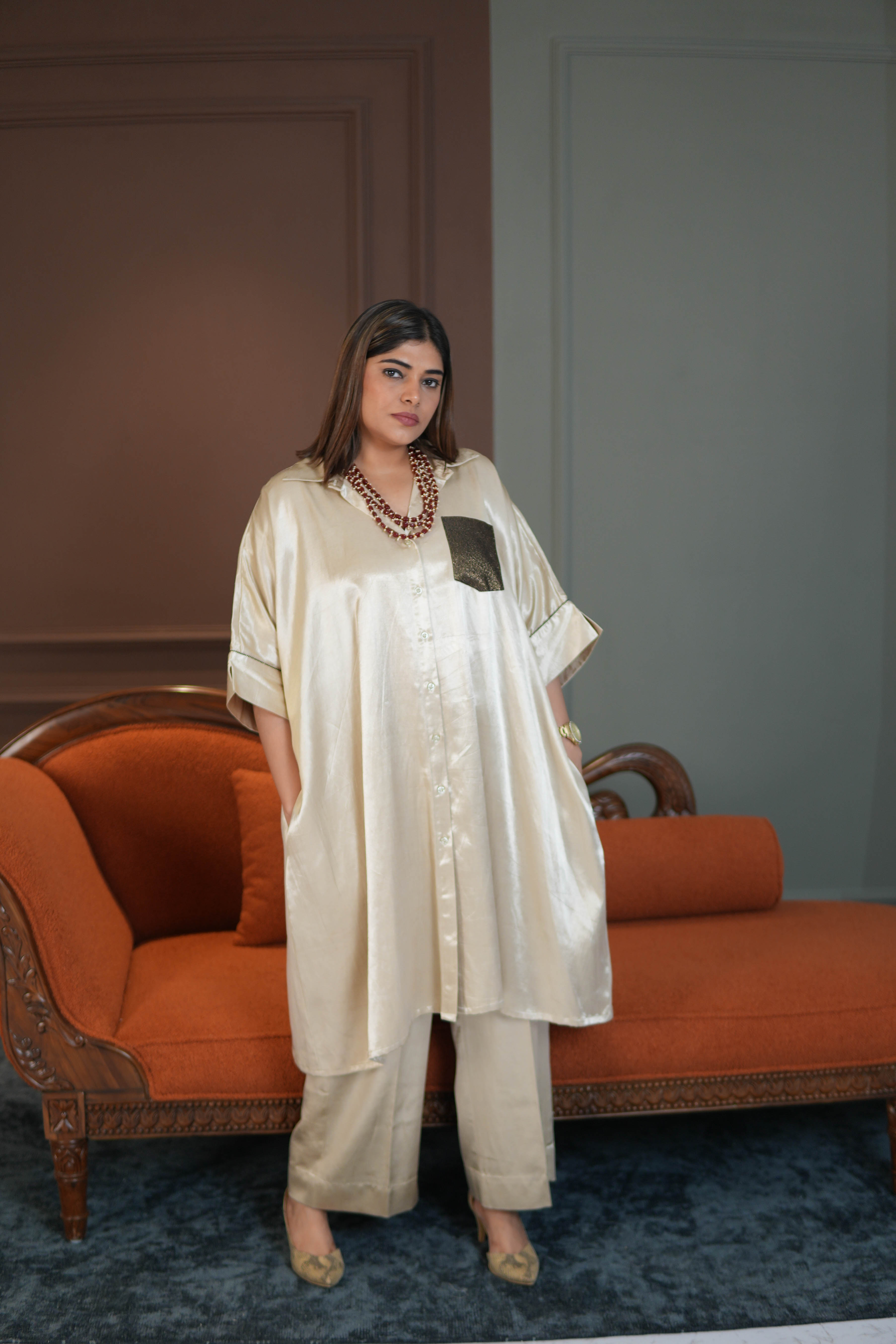 SITARA IVORY MASHRU SHIRT AND PANTS SET