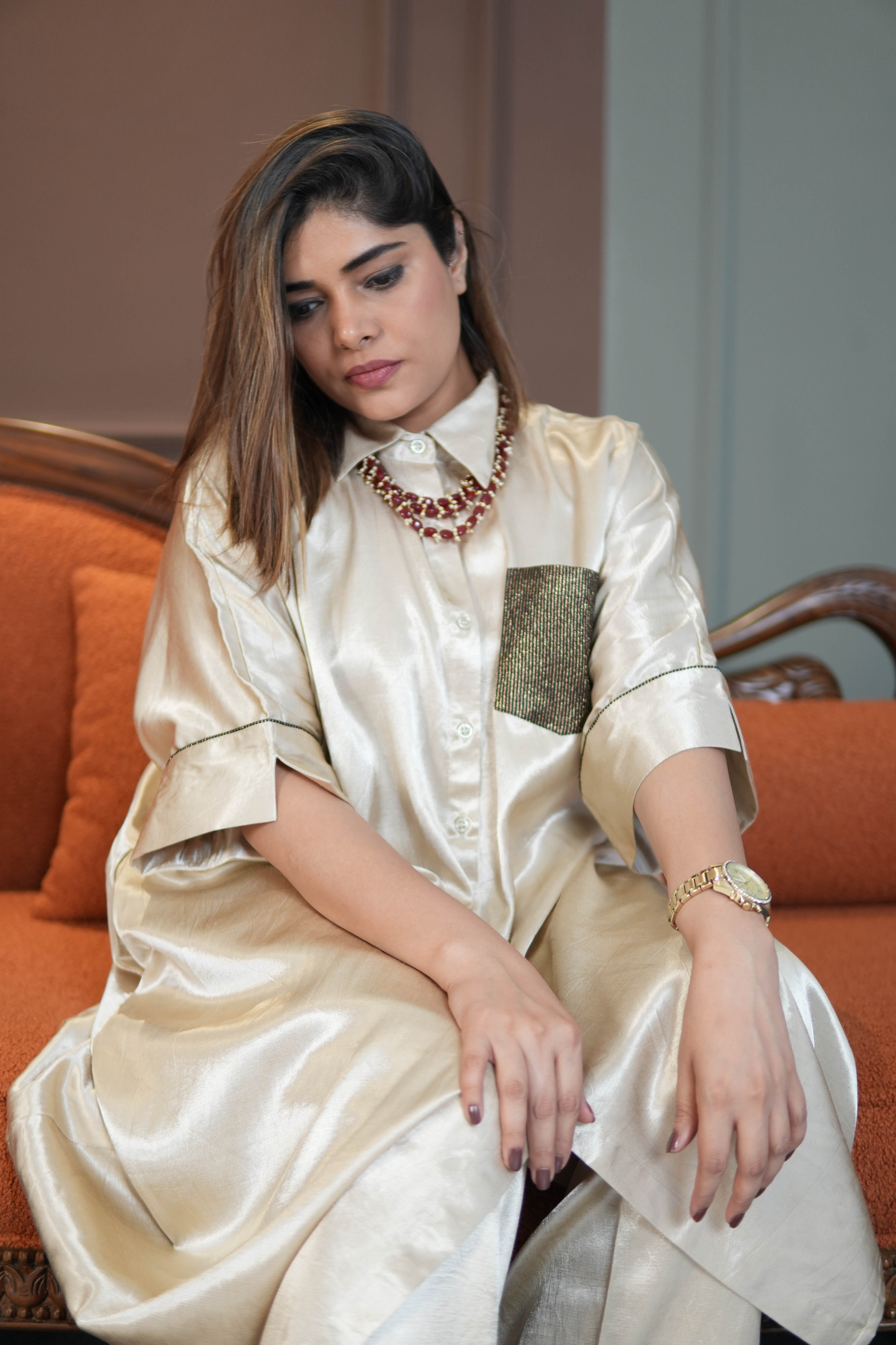 SITARA IVORY MASHRU SHIRT AND PANTS SET