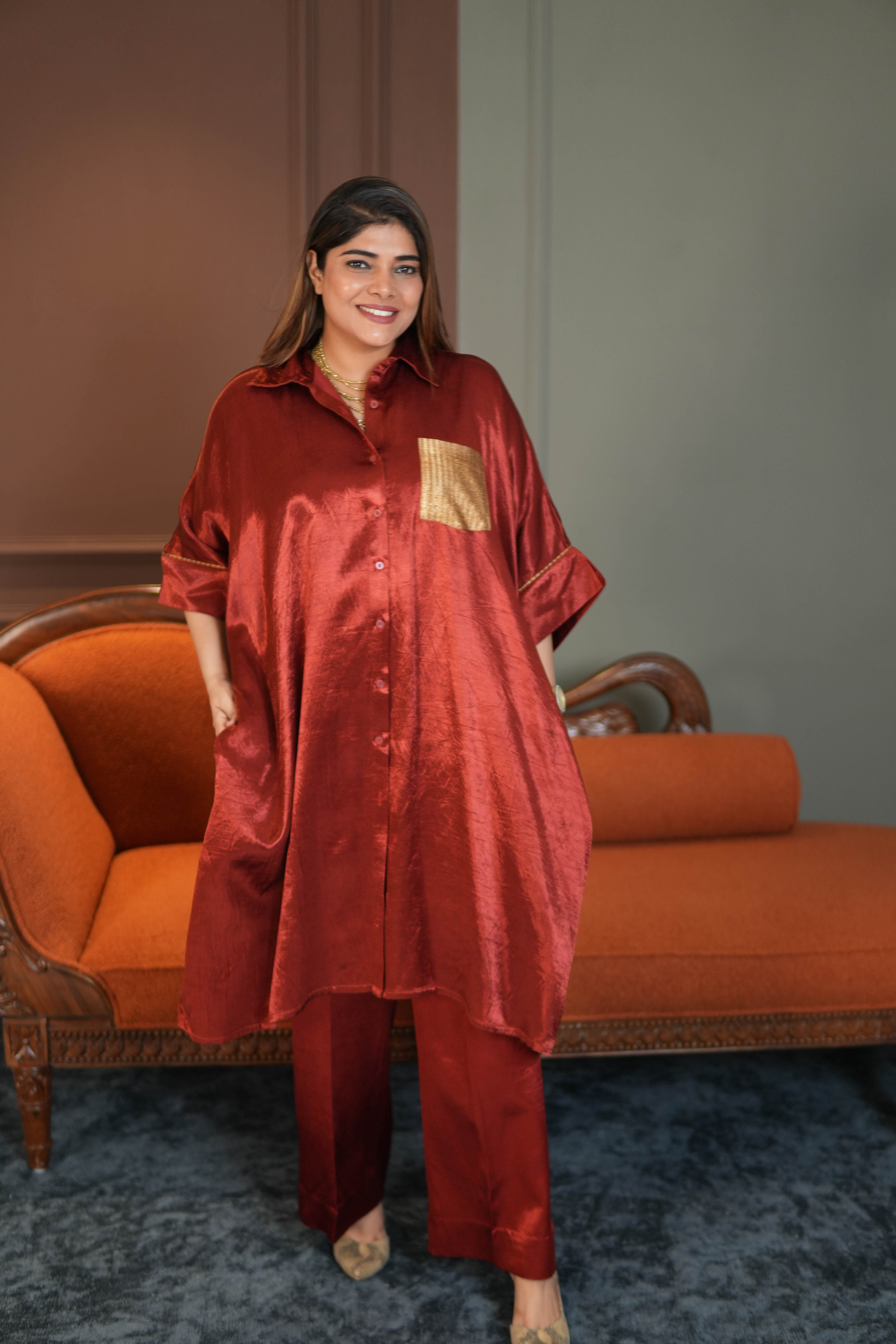 SUURKH RED MASHRU SHIRT AND PANTS SET