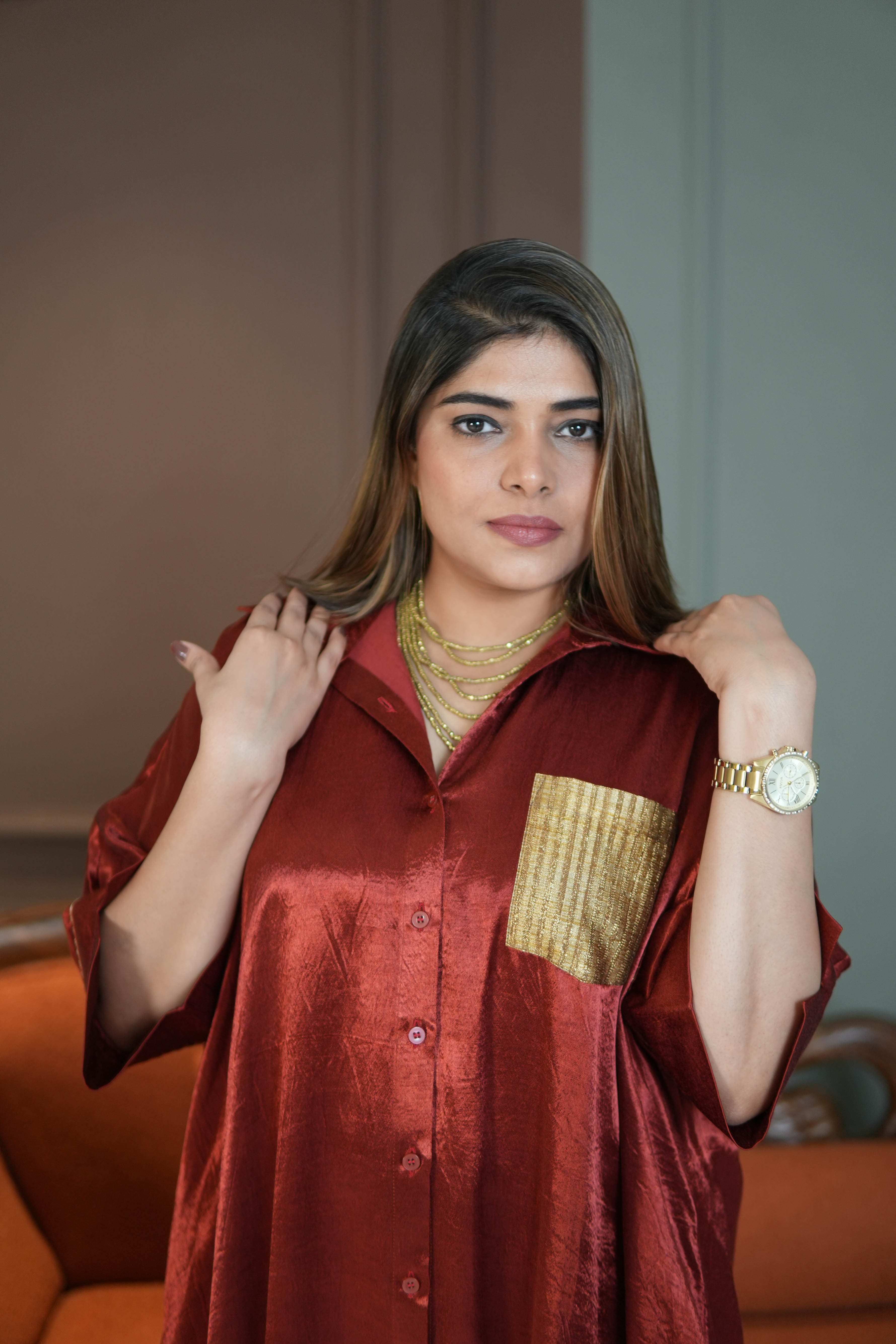 SUURKH RED MASHRU SHIRT AND PANTS SET