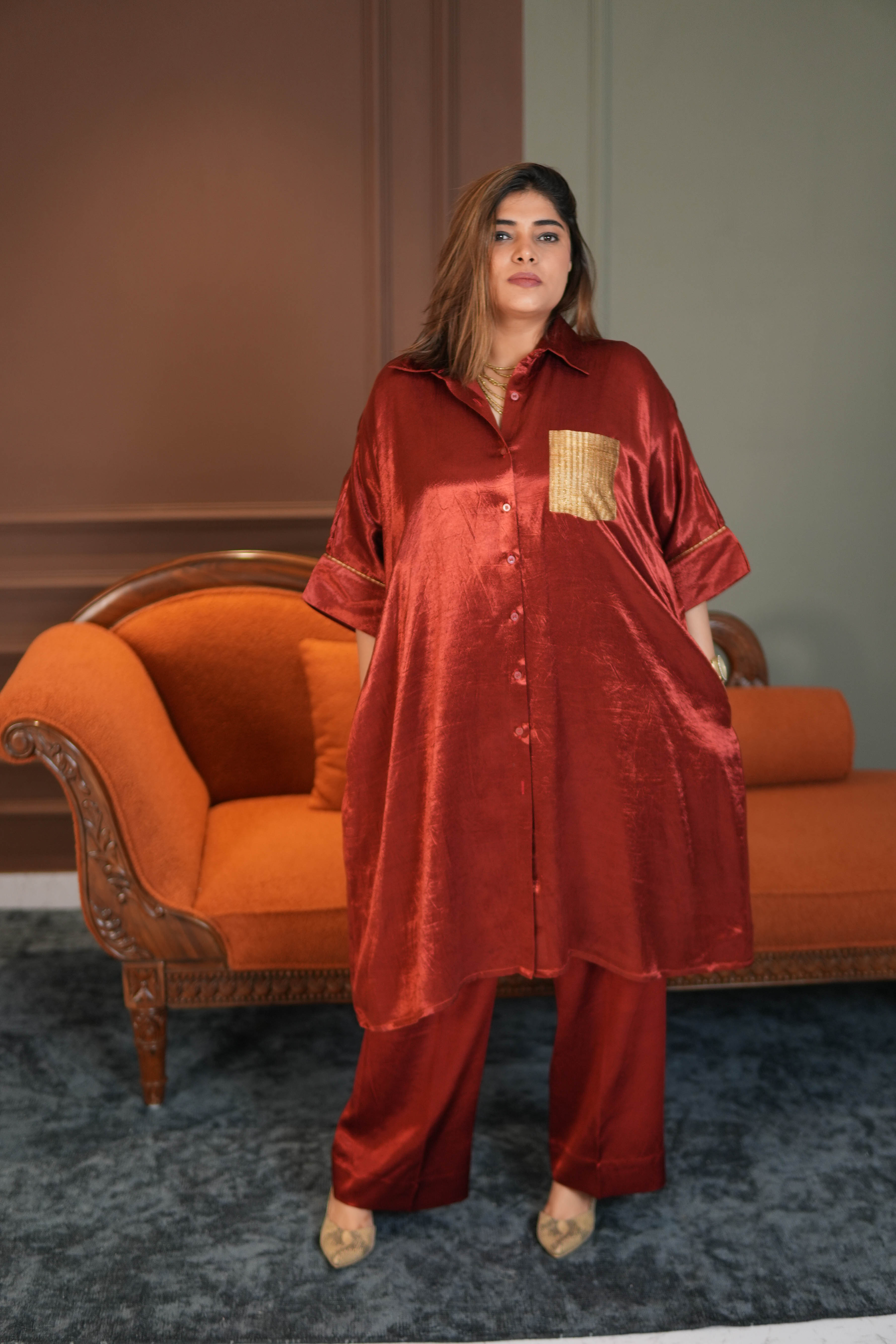 SUURKH RED MASHRU SHIRT AND PANTS SET