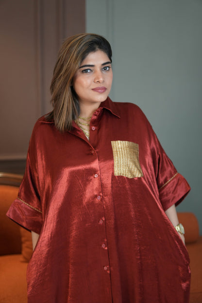 SUURKH RED MASHRU SHIRT AND PANTS SET