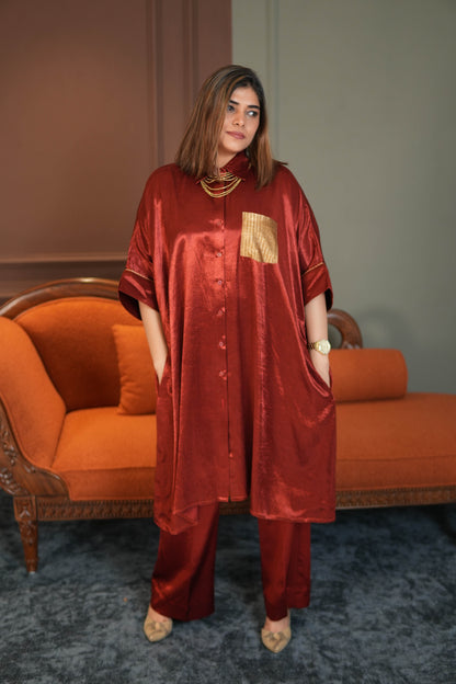SUURKH RED MASHRU SHIRT AND PANTS SET