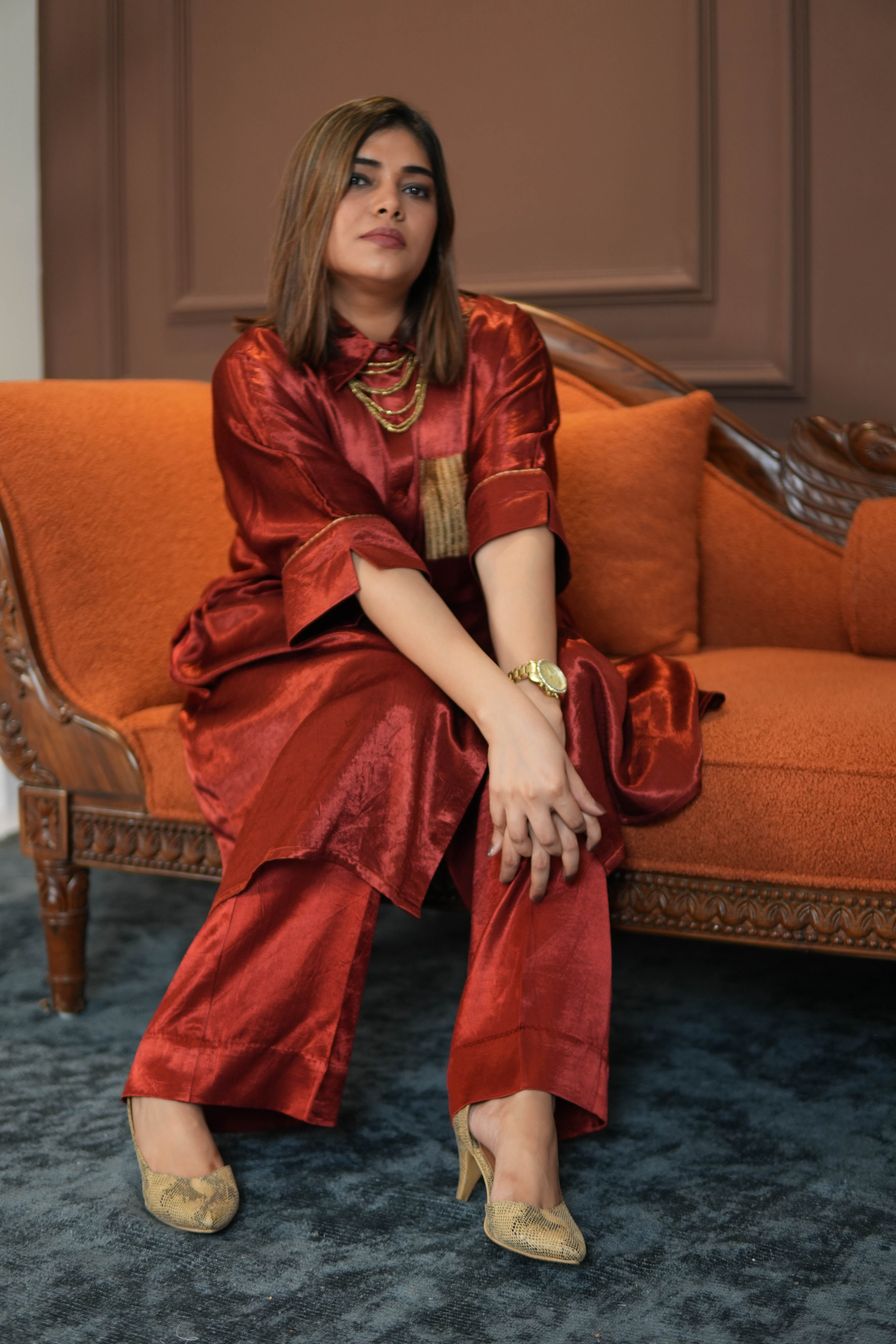 SUURKH RED MASHRU SHIRT AND PANTS SET