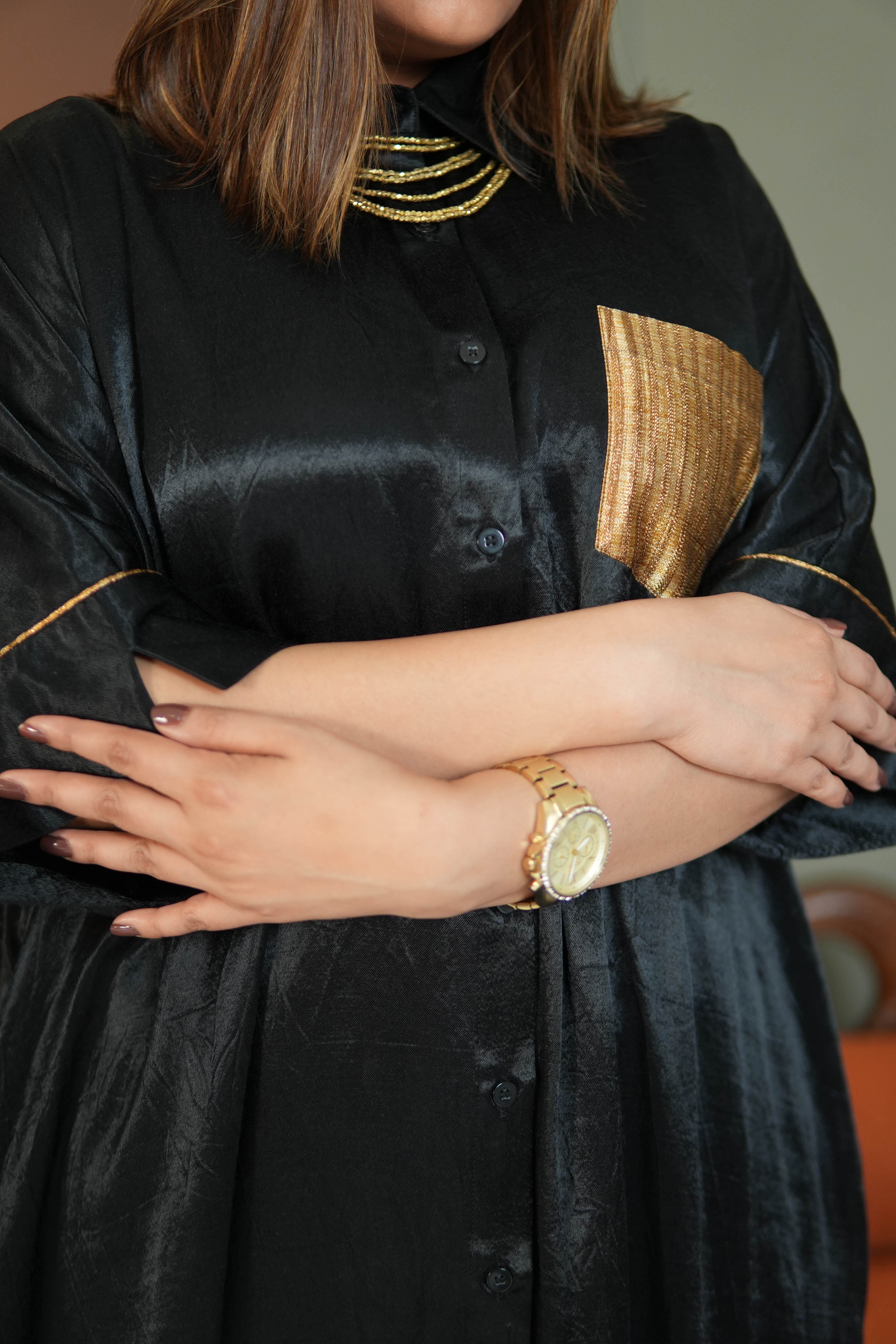 SAANJH BLACK MASHRU SHIRT AND PANTS SET