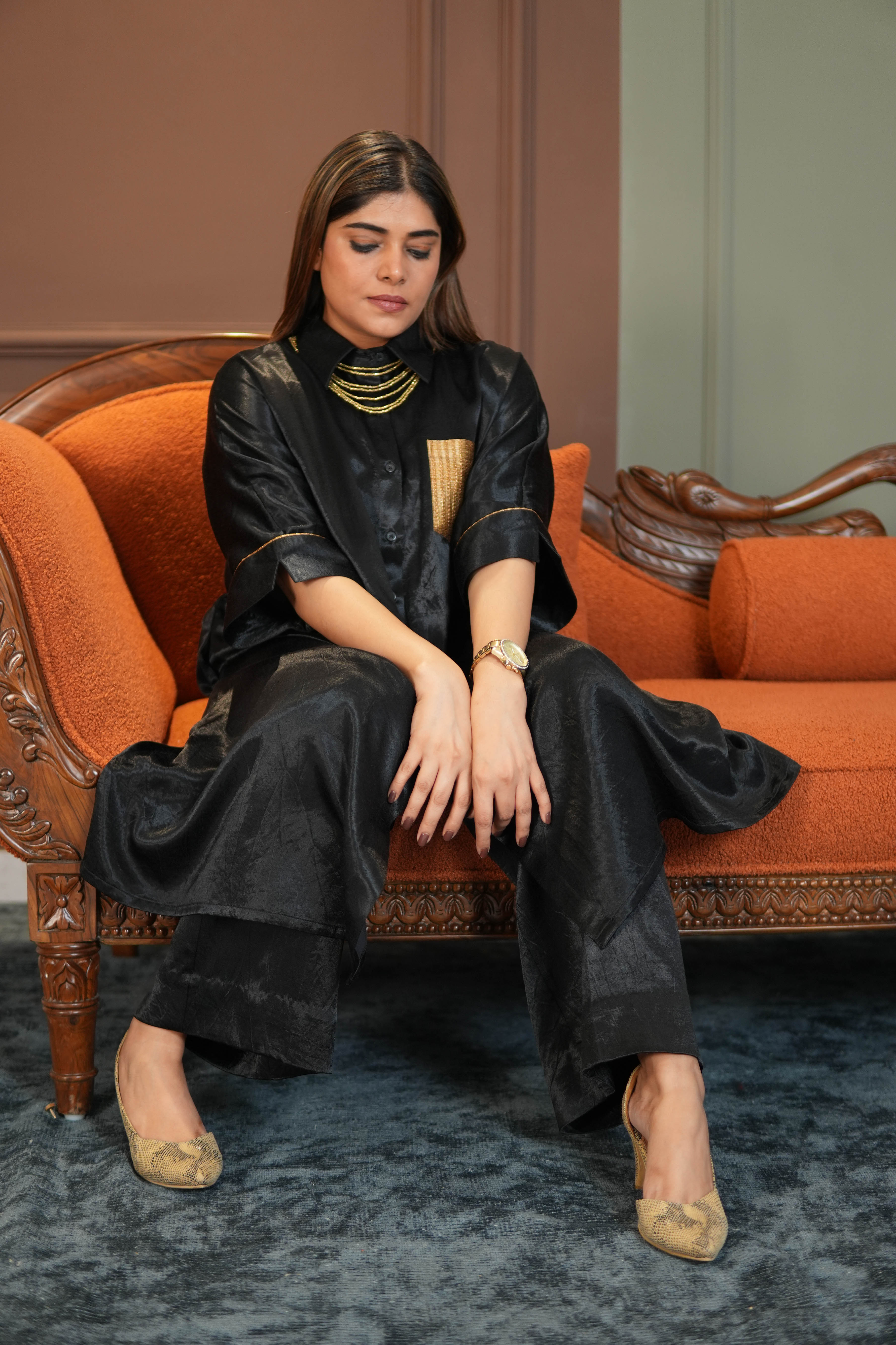 SAANJH BLACK MASHRU SHIRT AND PANTS SET