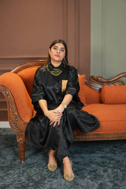 SAANJH BLACK MASHRU SHIRT AND PANTS SET