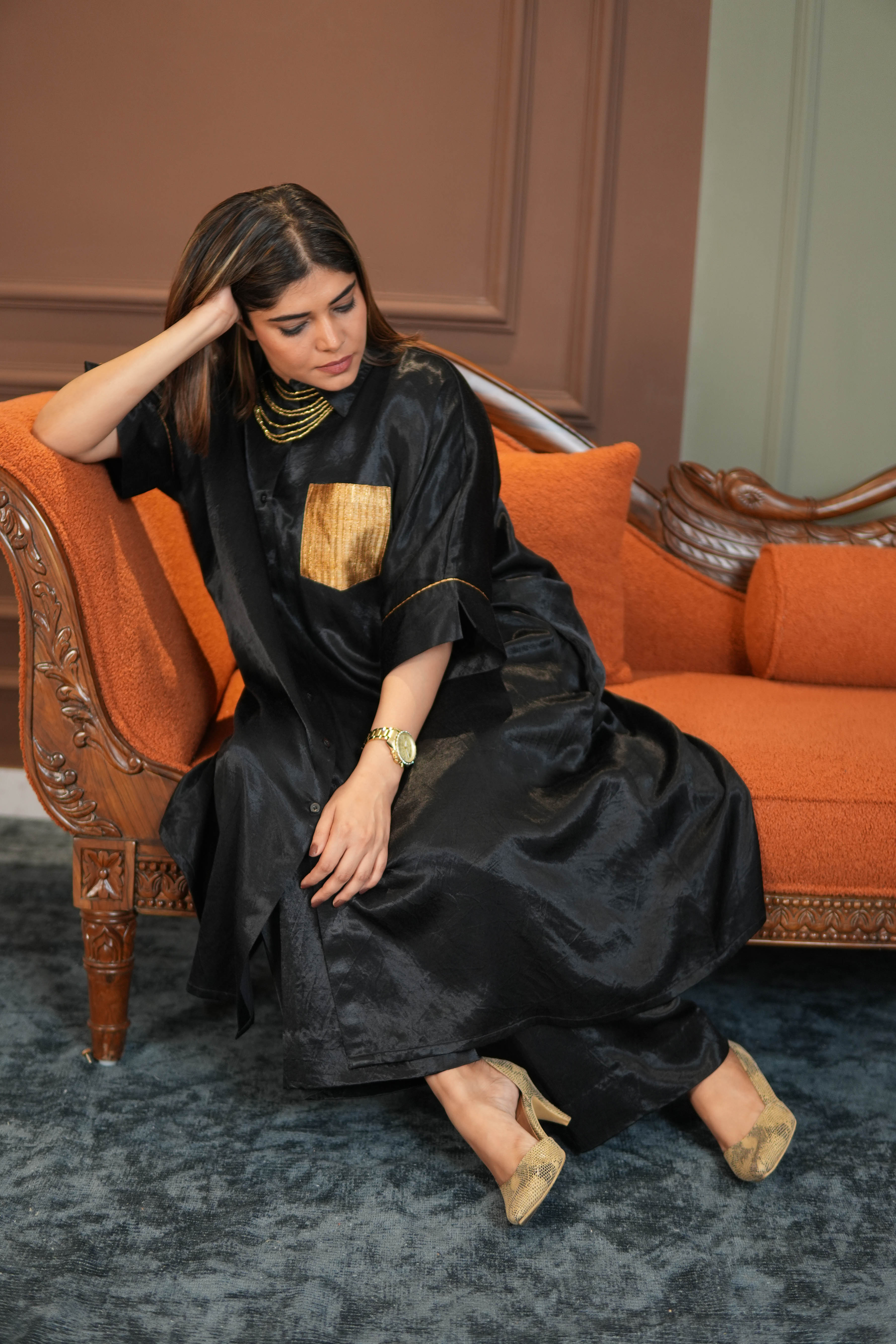 SAANJH BLACK MASHRU SHIRT AND PANTS SET