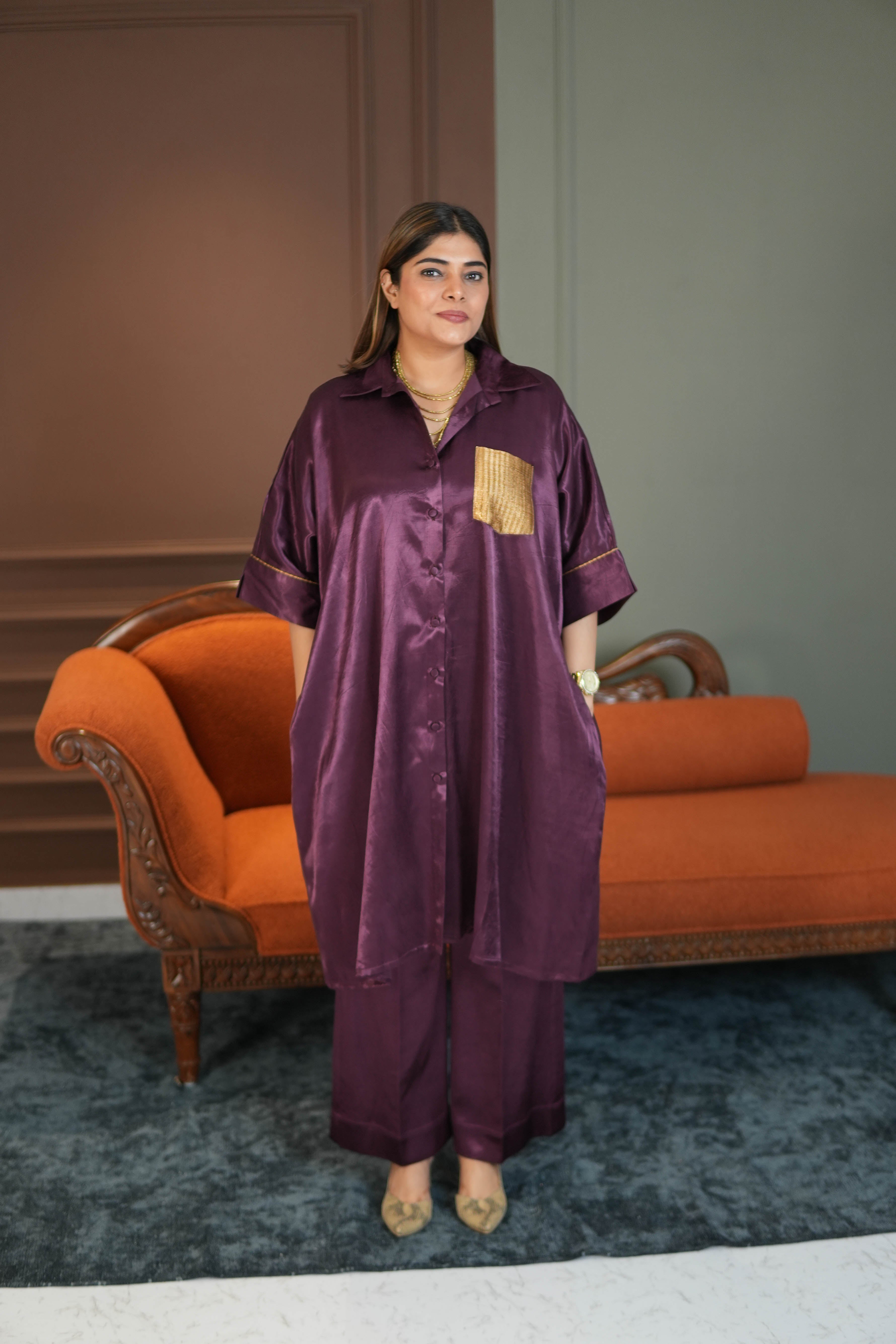 SHAFAQ PURPLE MASHRU SHIRT AND PANTS SET