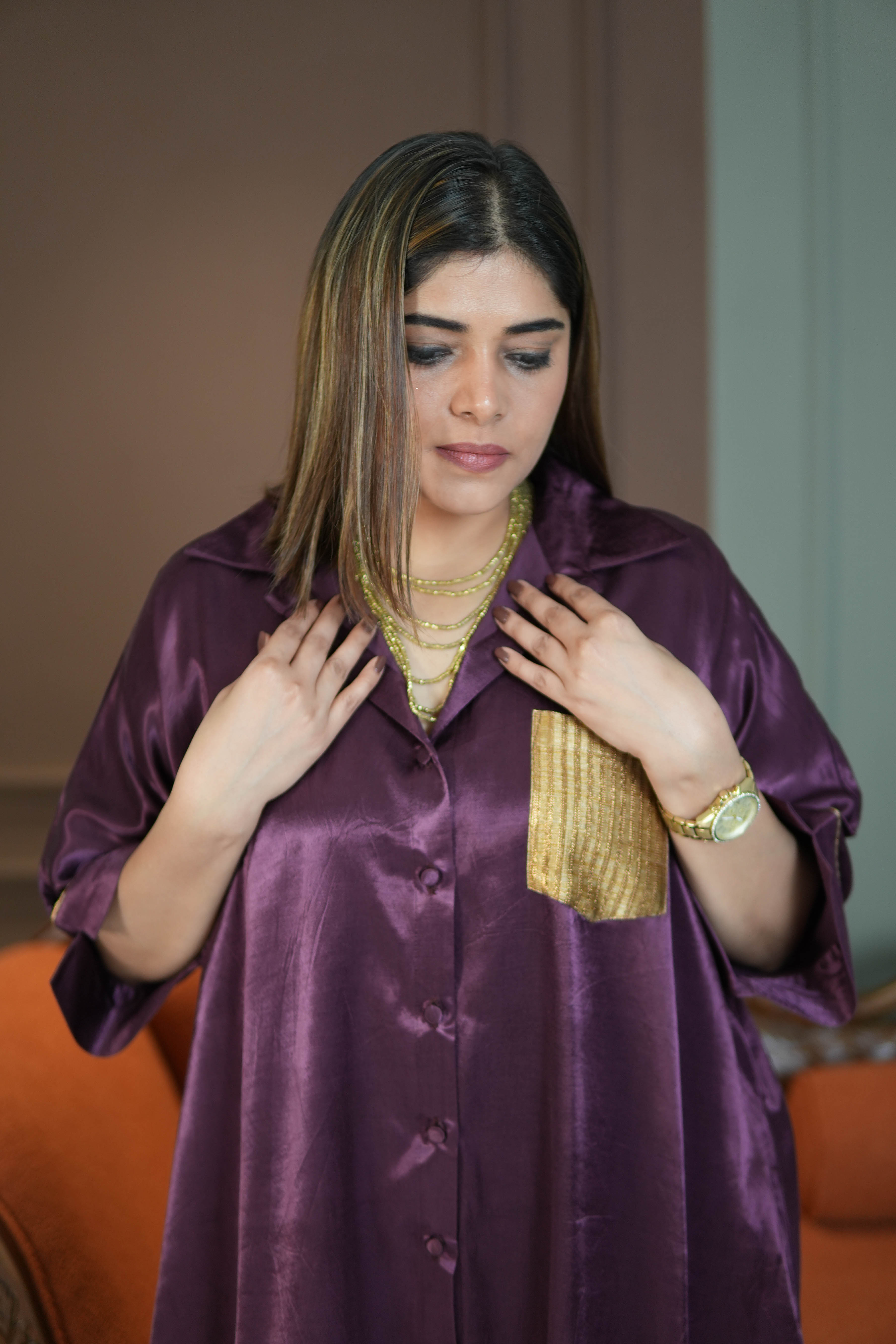 SHAFAQ PURPLE MASHRU SHIRT AND PANTS SET