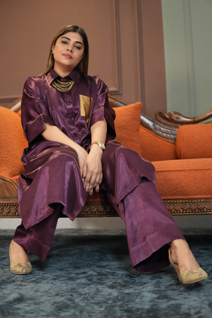 SHAFAQ PURPLE MASHRU SHIRT AND PANTS SET