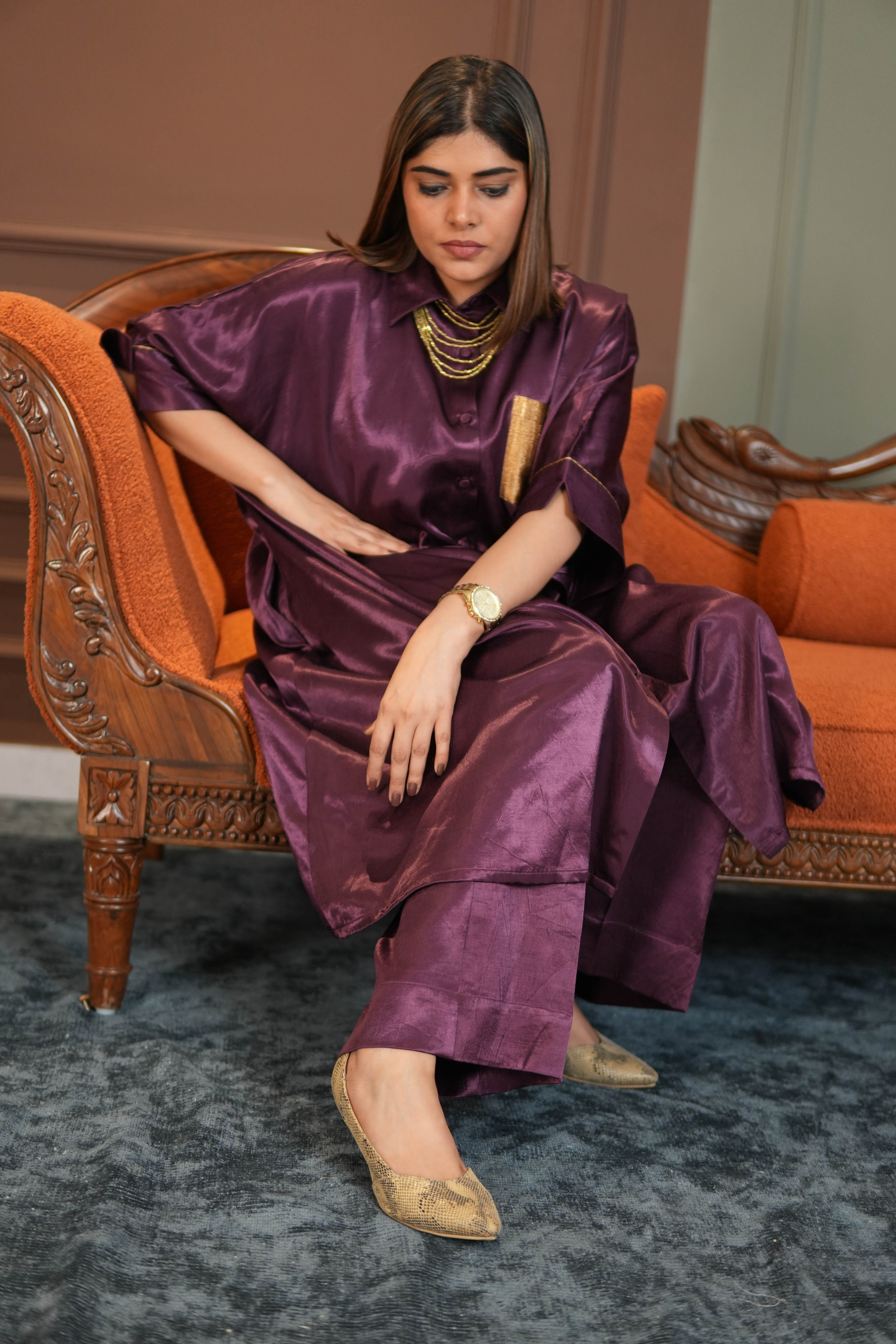 SHAFAQ PURPLE MASHRU SHIRT AND PANTS SET
