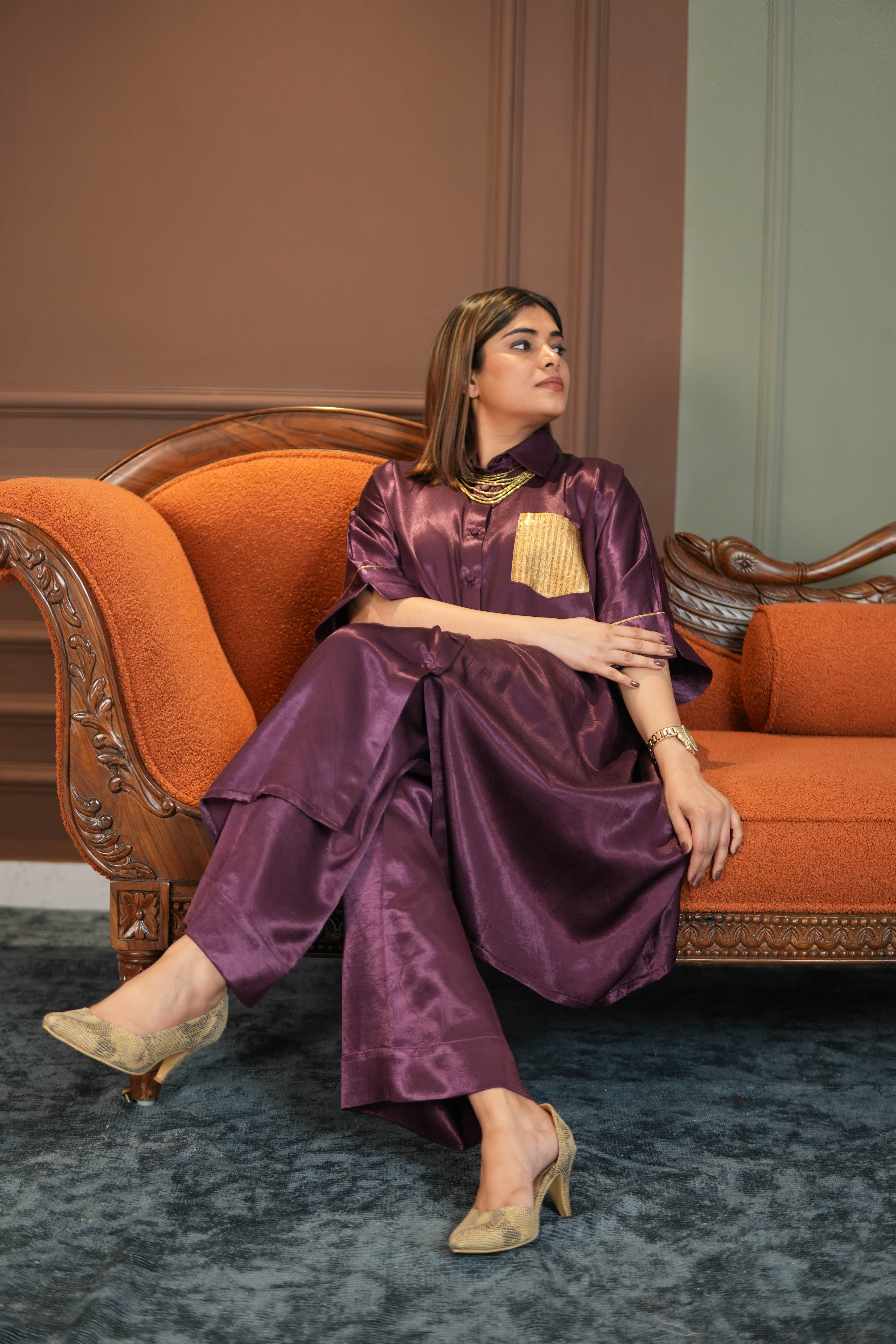 SHAFAQ PURPLE MASHRU SHIRT AND PANTS SET