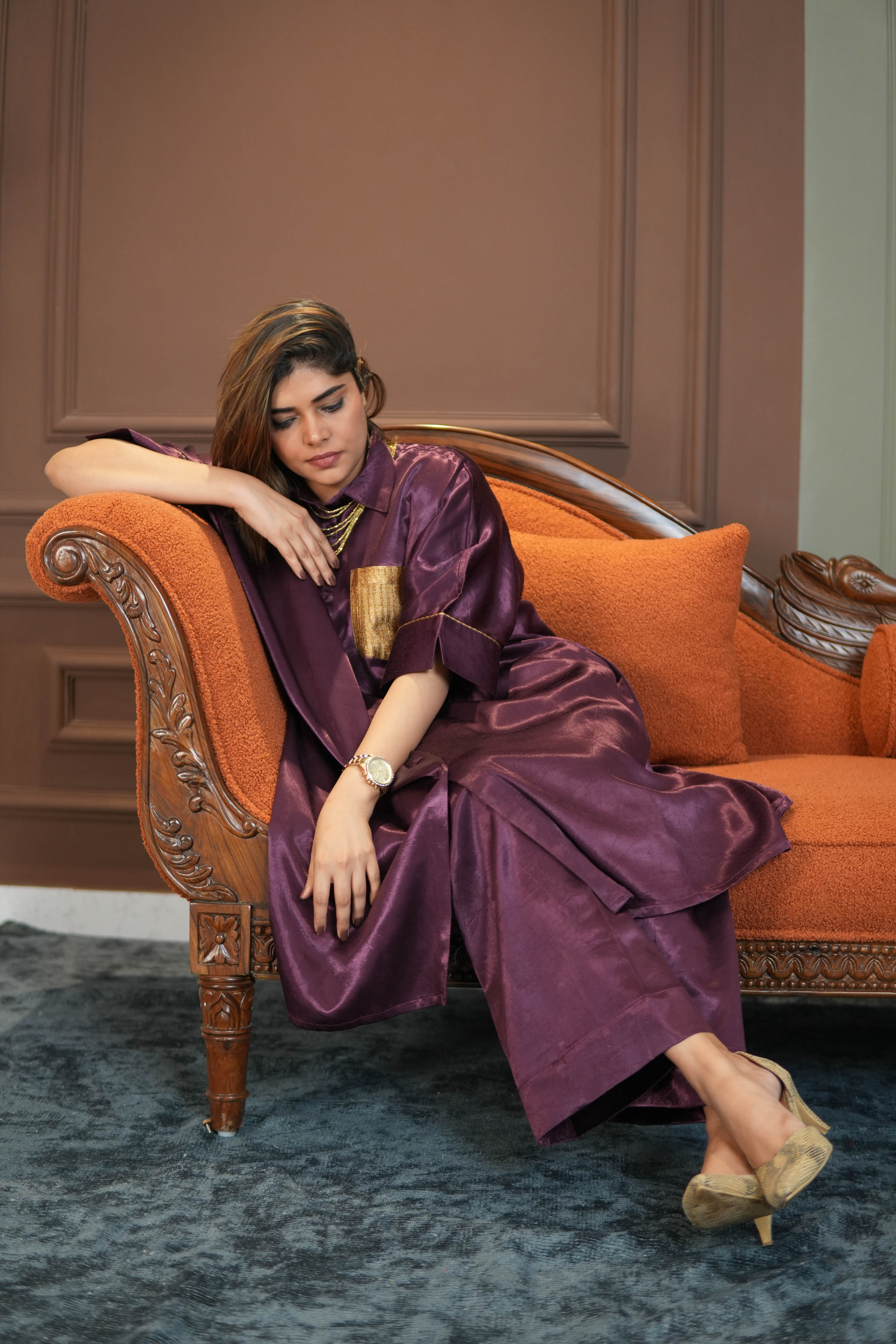SHAFAQ PURPLE MASHRU SHIRT AND PANTS SET