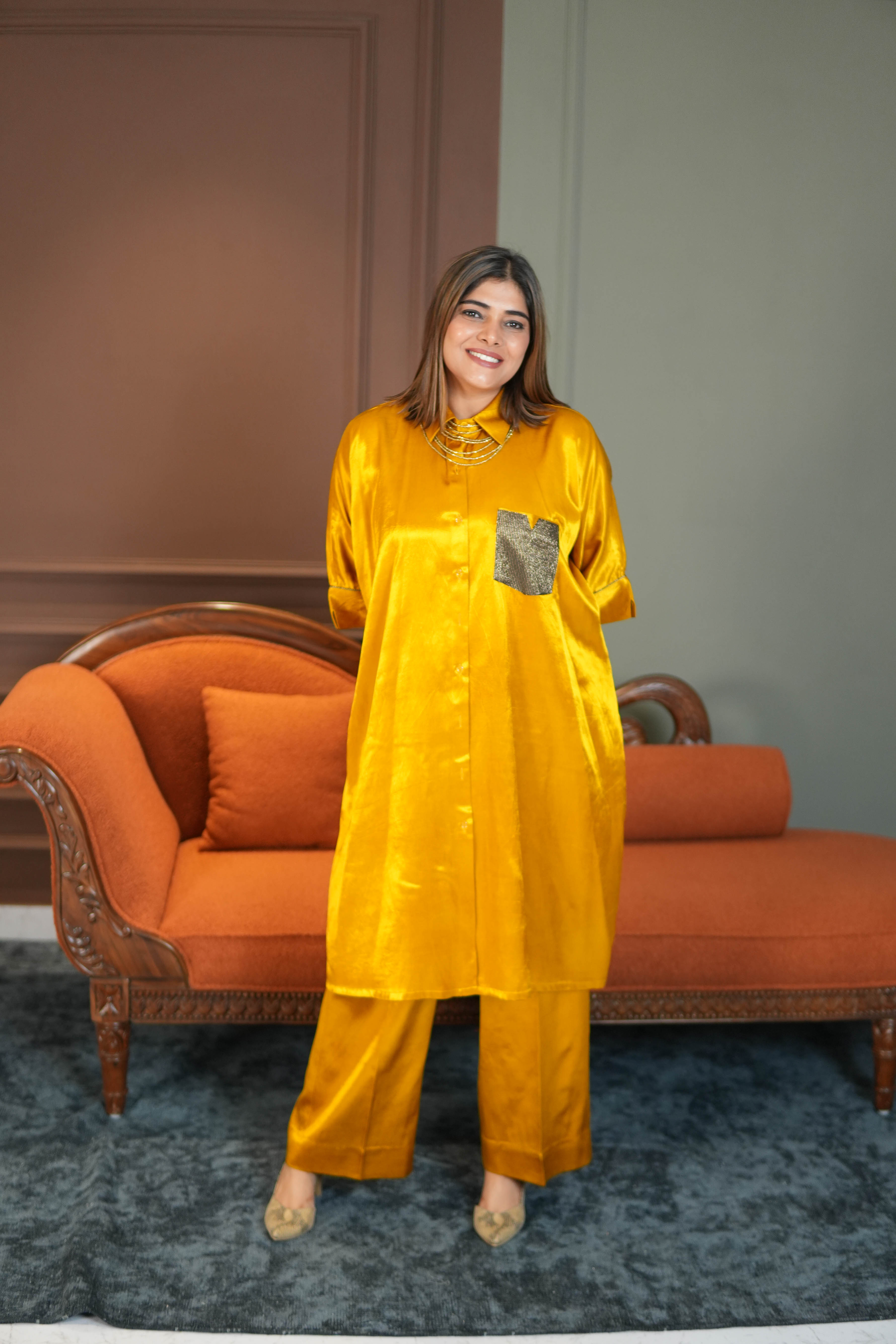 SUNEHRI MUSTARD MASHRU SILK SHIRT & PANTS SET