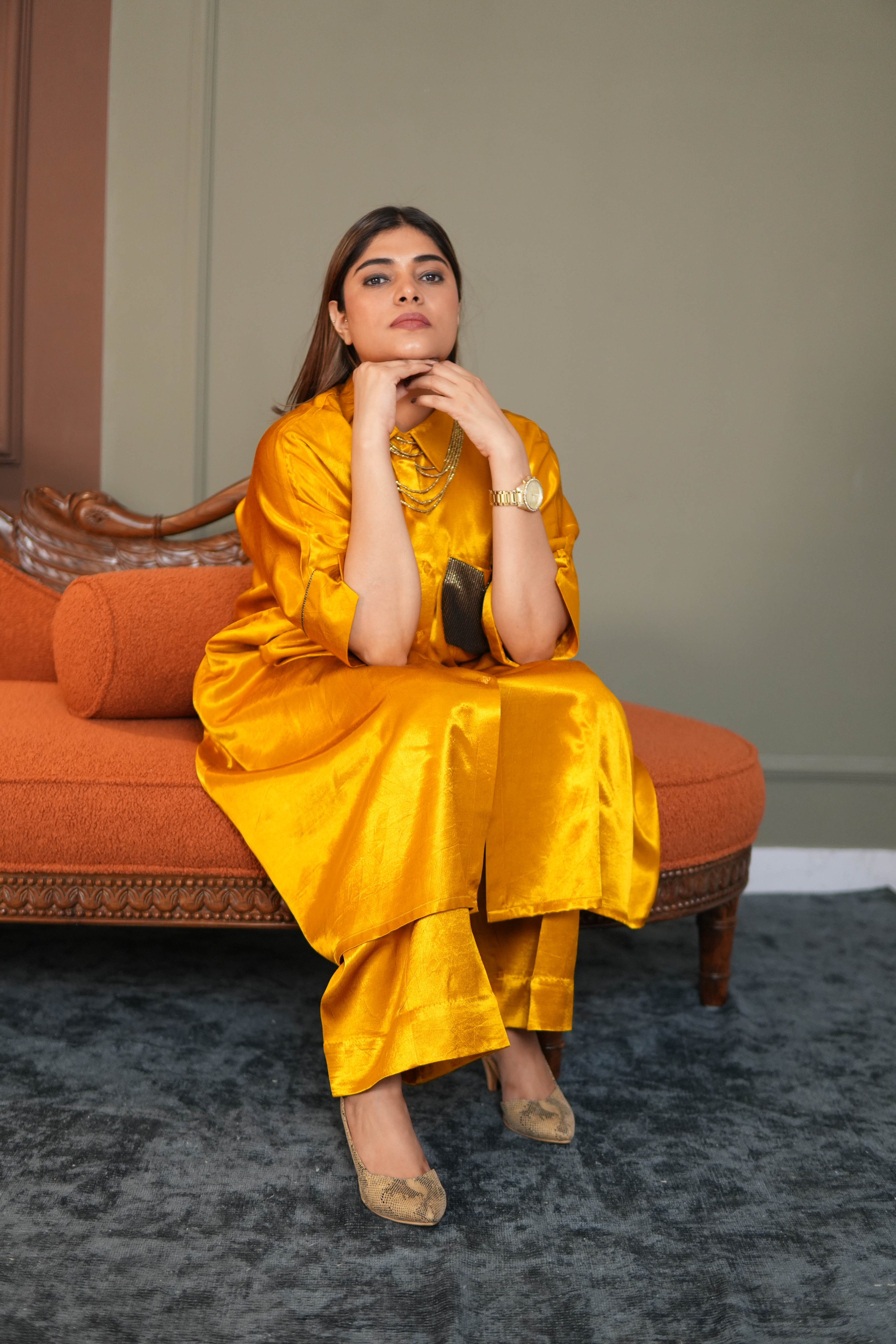 Sunehri Mustard Mashru Co-ord Set for Women