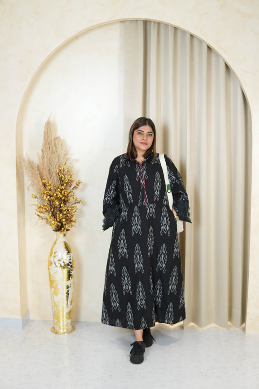 BLACK IKKAT LONG DRESS WITH ORGANZA DETAILING