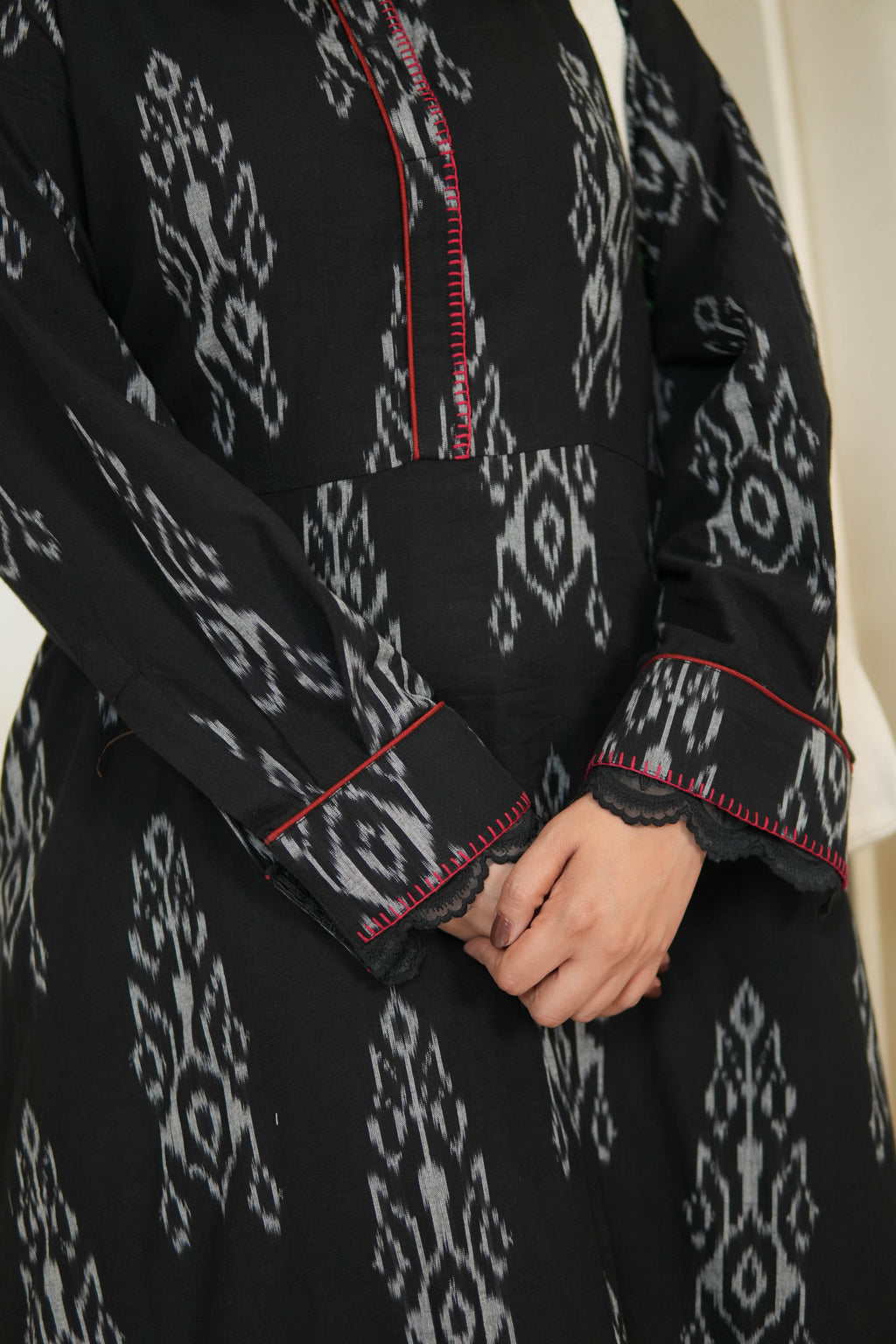 BLACK IKKAT LONG DRESS for women WITH ORGANZA DETAILING