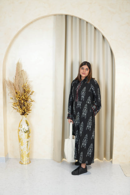 BLACK IKKAT LONG DRESS WITH ORGANZA DETAILING