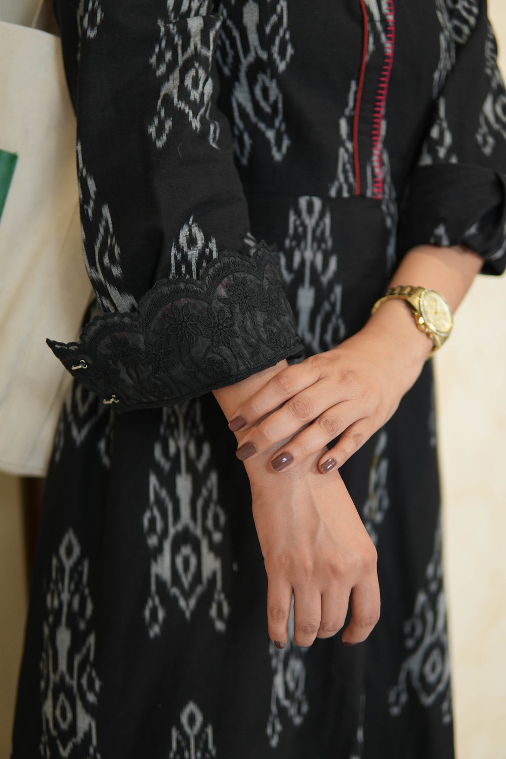 BLACK IKKAT LONG DRESS for women WITH ORGANZA DETAILING