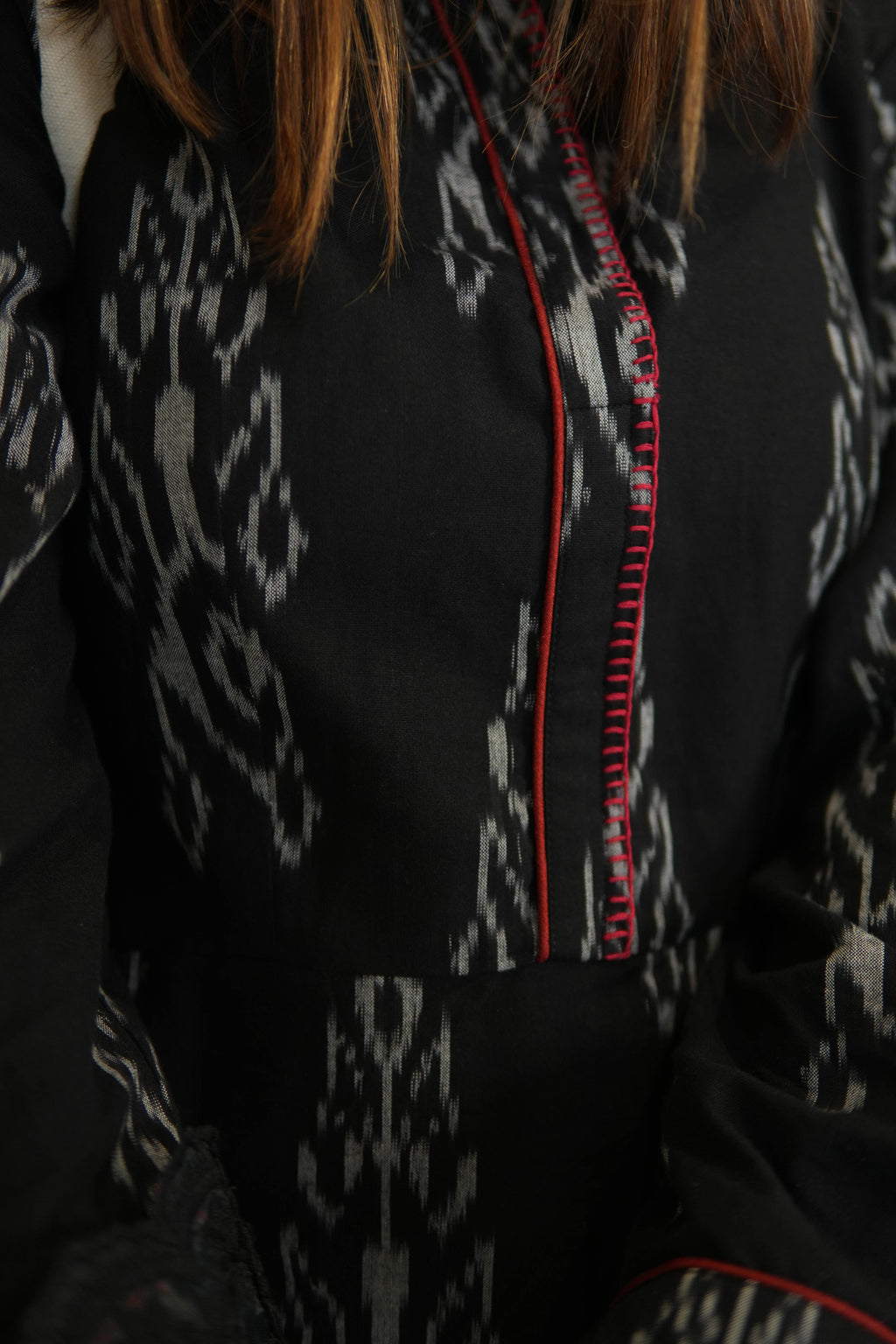 BLACK IKKAT LONG DRESS for women WITH ORGANZA DETAILING