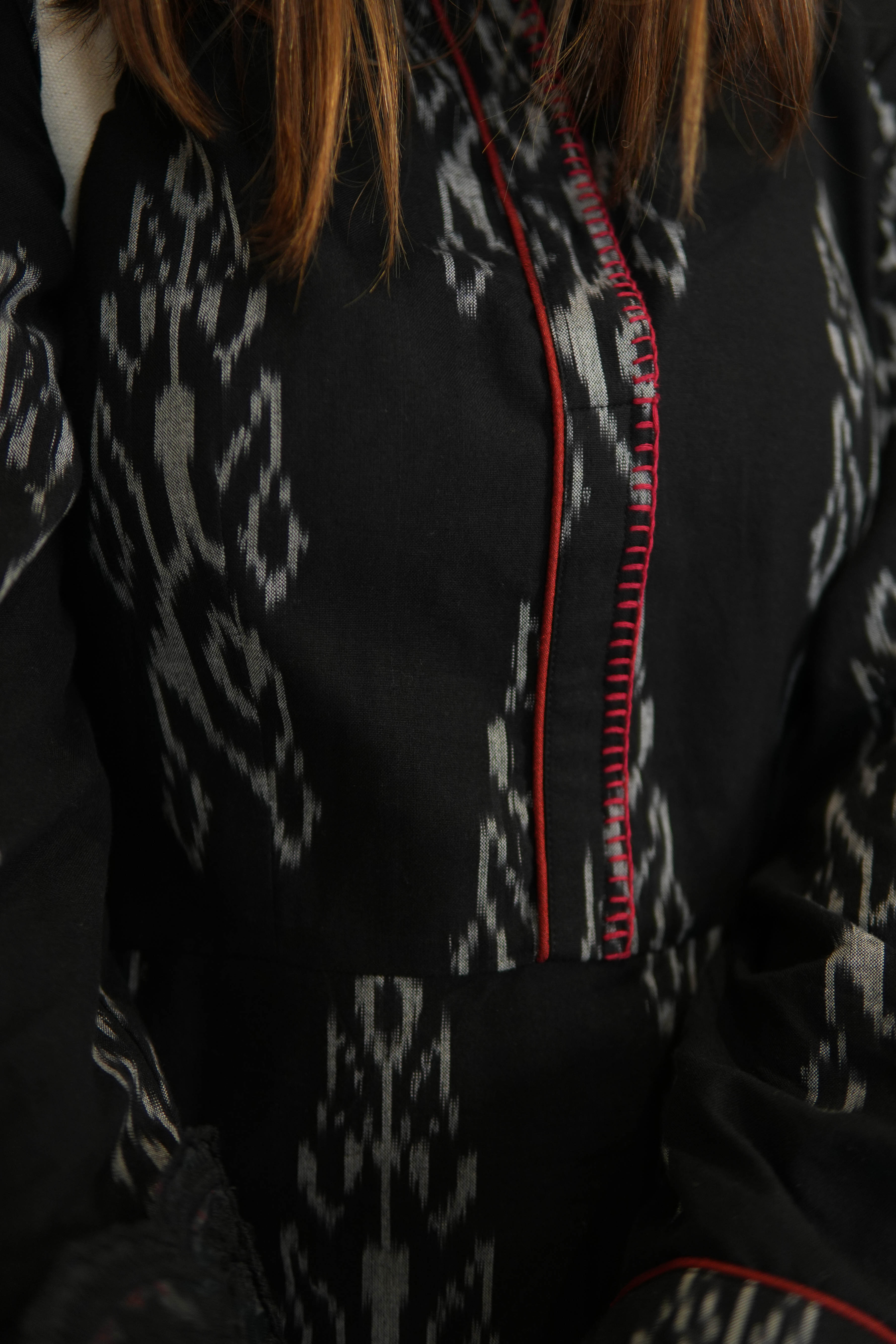 BLACK IKKAT LONG DRESS for women WITH ORGANZA DETAILING