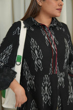 BLACK IKKAT LONG DRESS for women WITH ORGANZA DETAILING