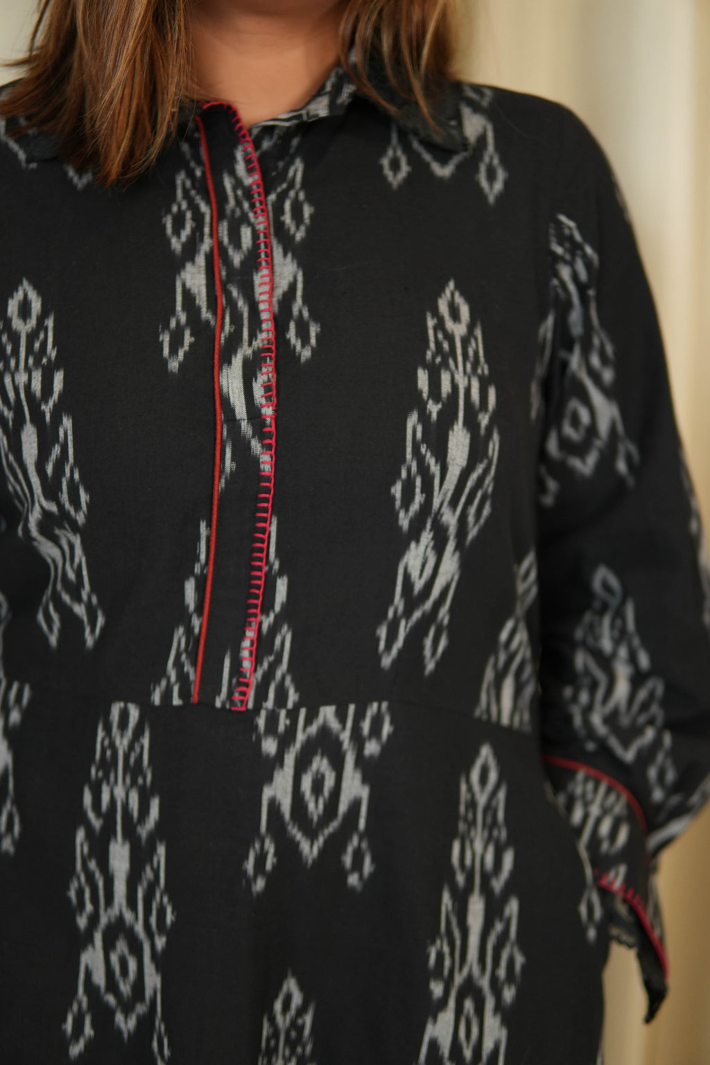 BLACK IKKAT LONG DRESS for women WITH ORGANZA DETAILING