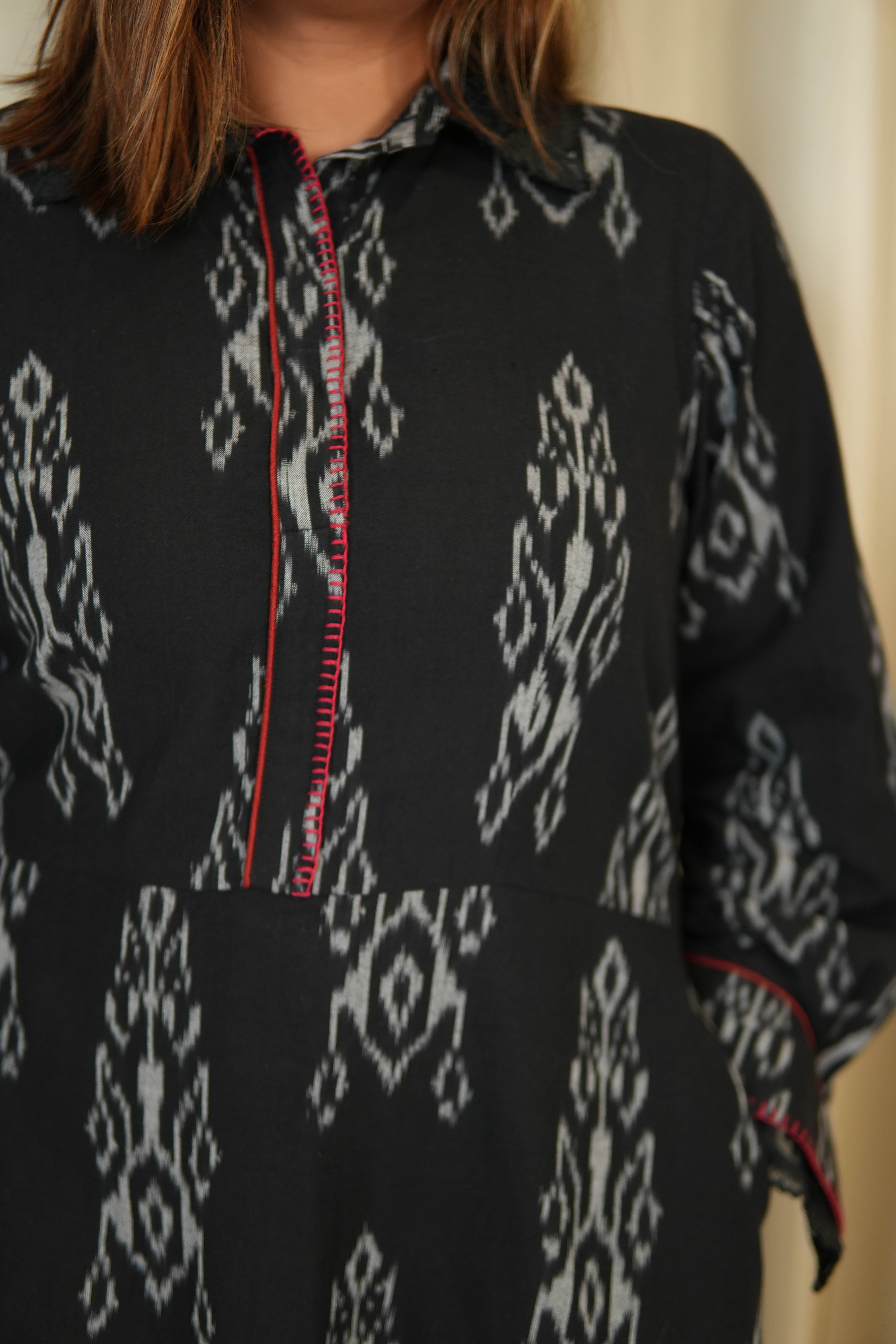 BLACK IKKAT LONG DRESS for women WITH ORGANZA DETAILING