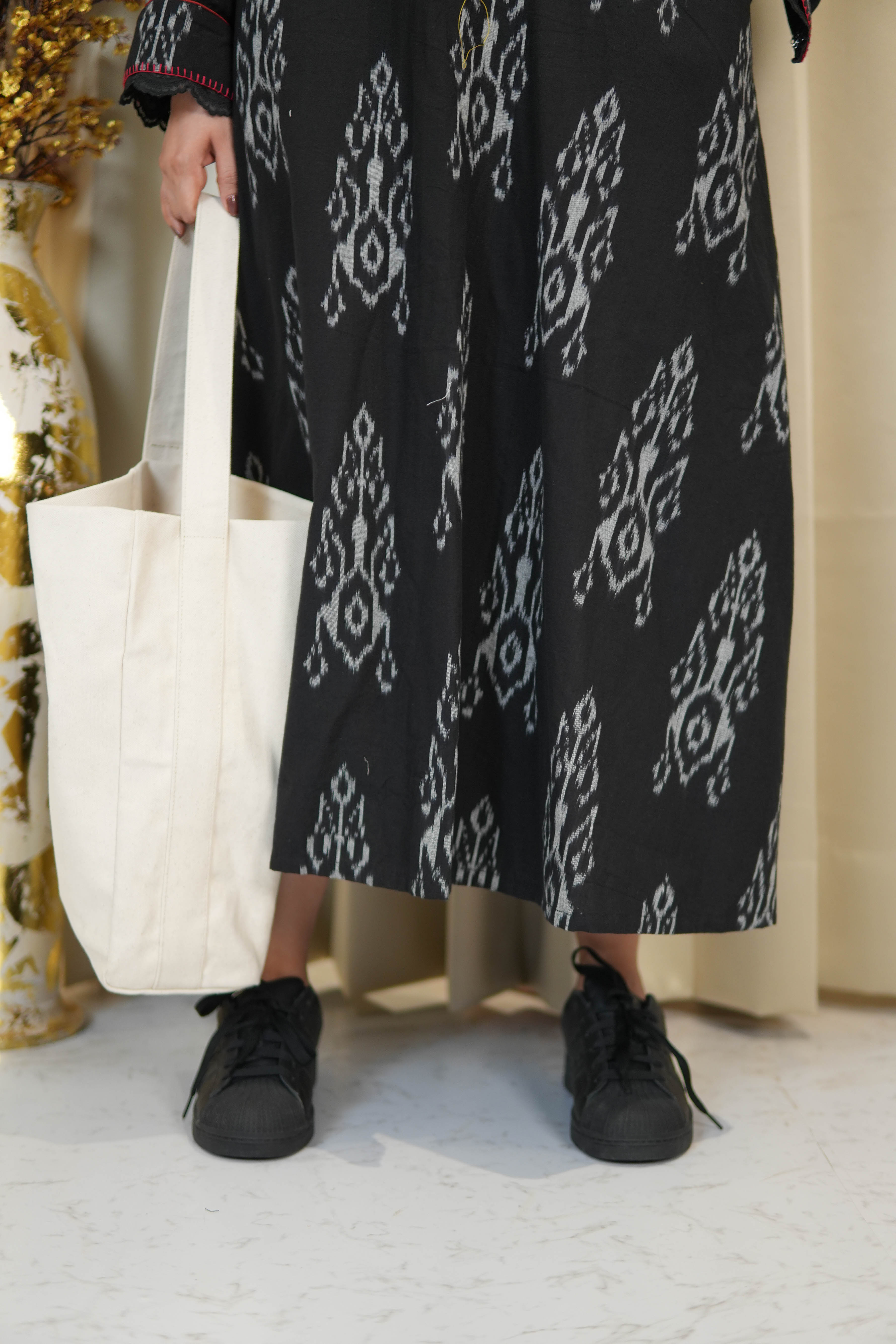 BLACK IKKAT LONG DRESS for women WITH ORGANZA DETAILING