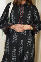 BLACK IKKAT LONG DRESS for women WITH ORGANZA DETAILING