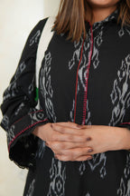 BLACK IKKAT LONG DRESS for women WITH ORGANZA DETAILING