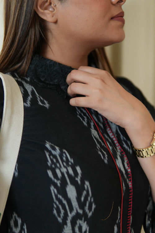 BLACK IKKAT LONG DRESS for women WITH ORGANZA DETAILING