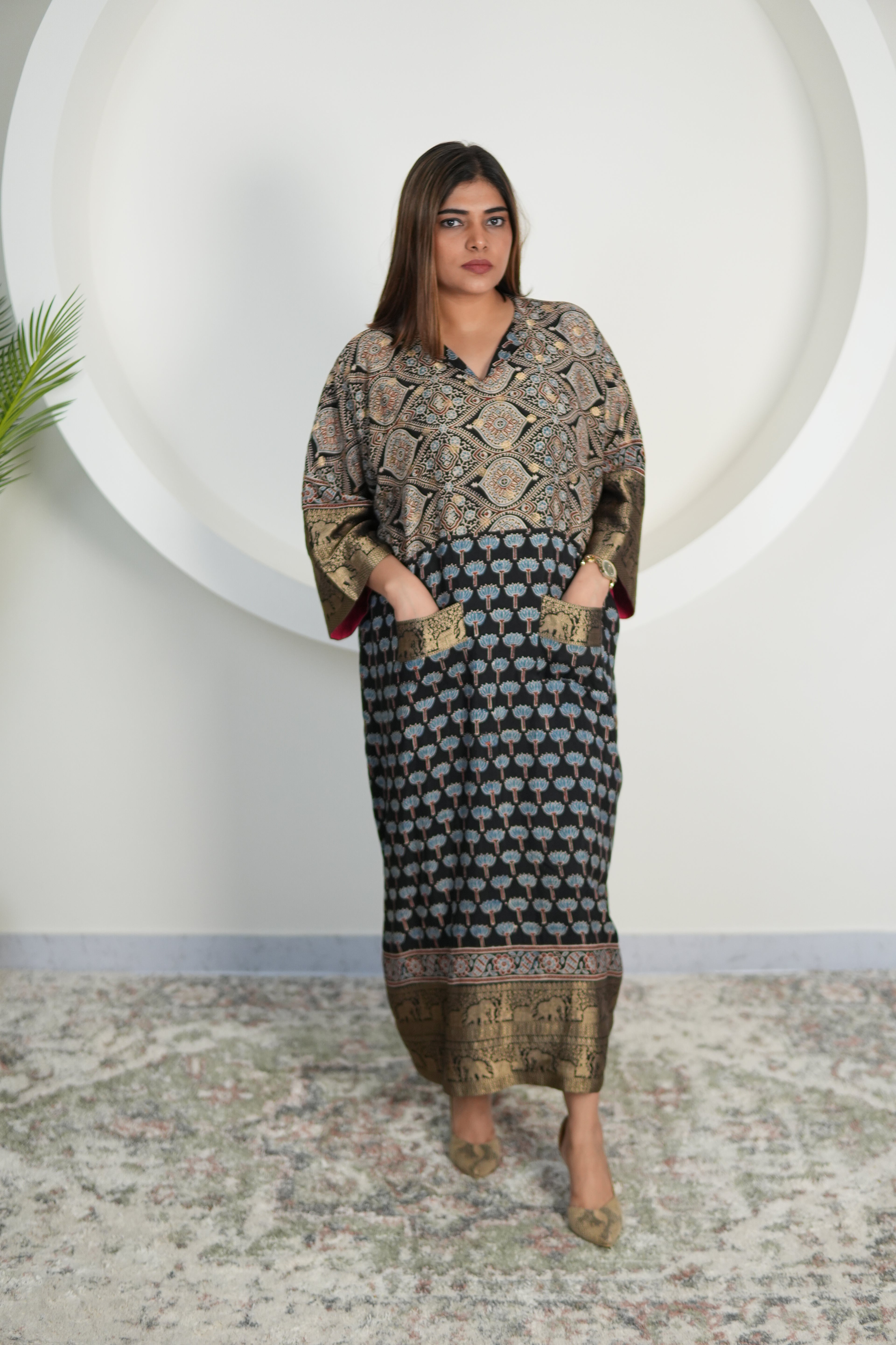 Chand Jhola Ajrakh Dola Silk Dress with Banarasi Brocade