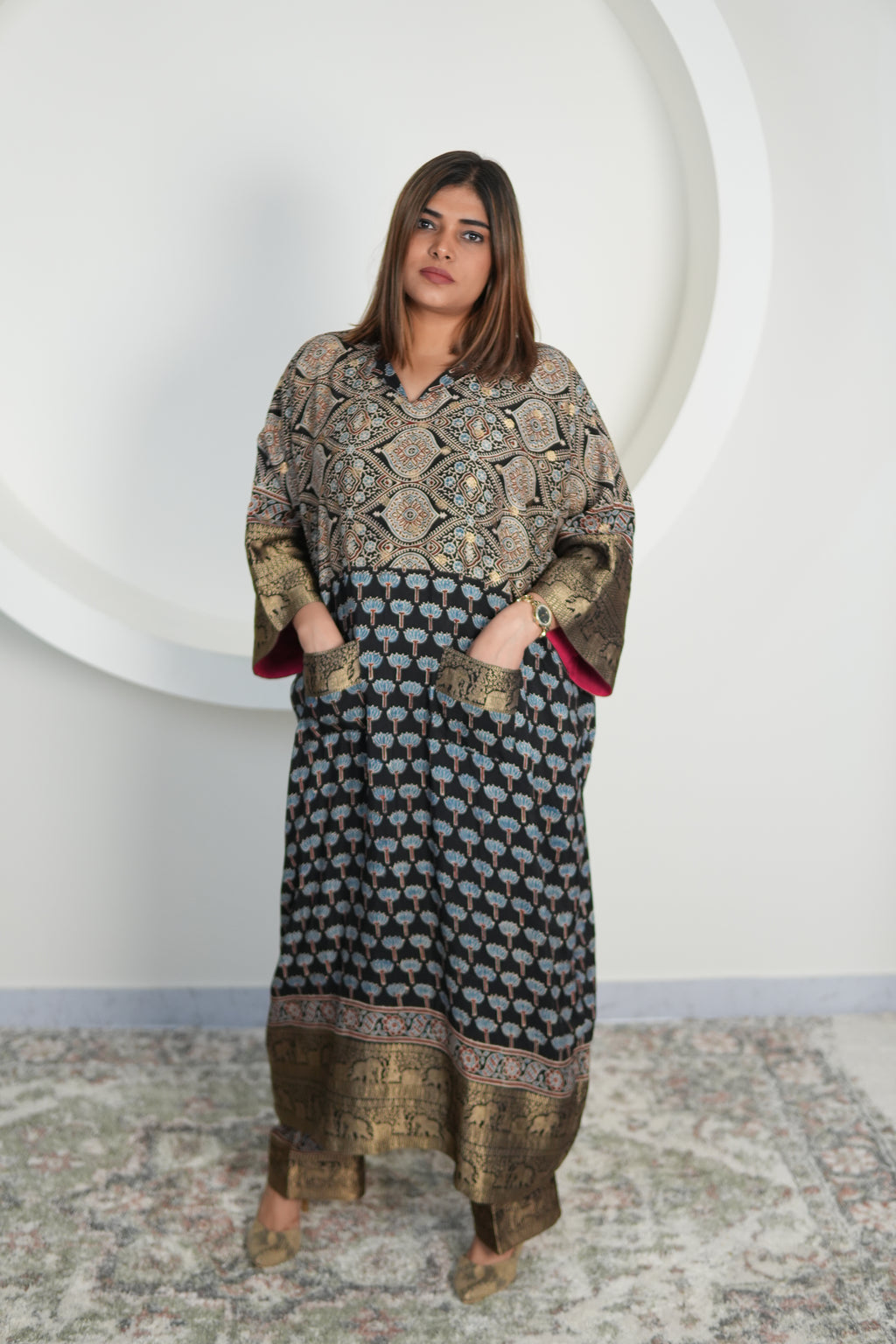 Chand Jhola Ajrakh Dola Silk Dress with Banarasi Brocade