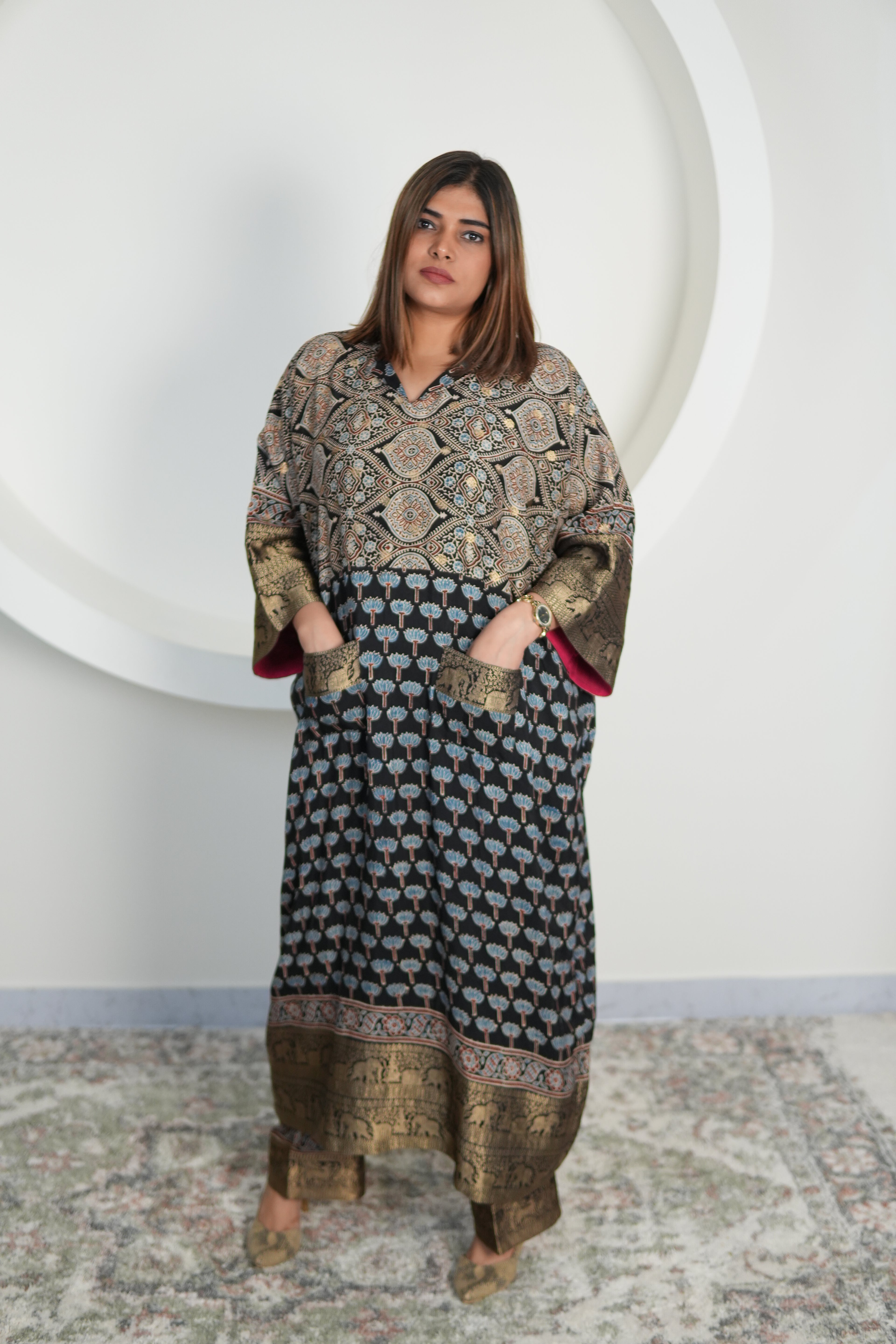 Chand Jhola Ajrakh Dola Silk Dress with Banarasi Brocade