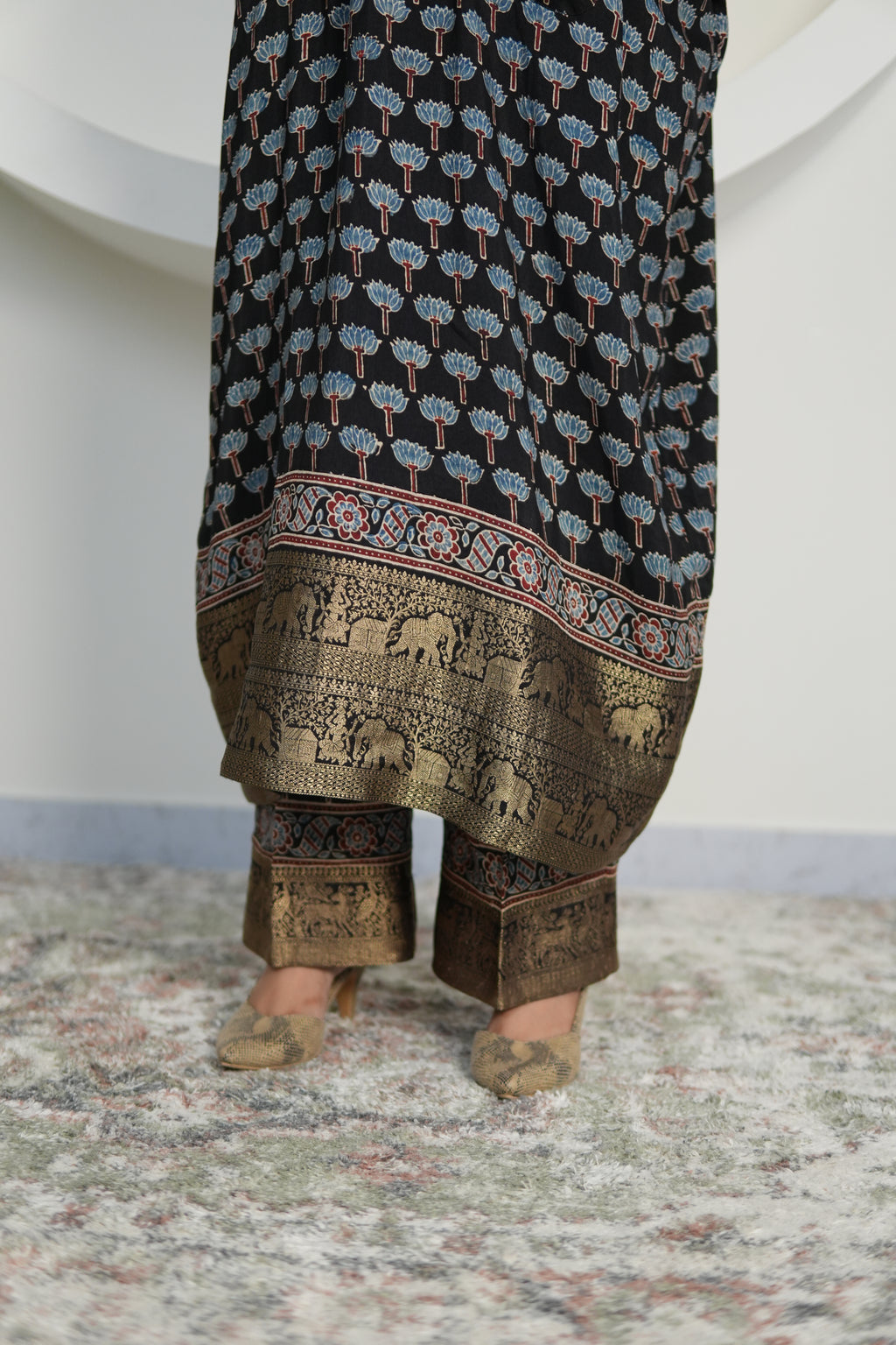 Chand Jhola Ajrakh Dola Silk Dress with Banarasi Brocade
