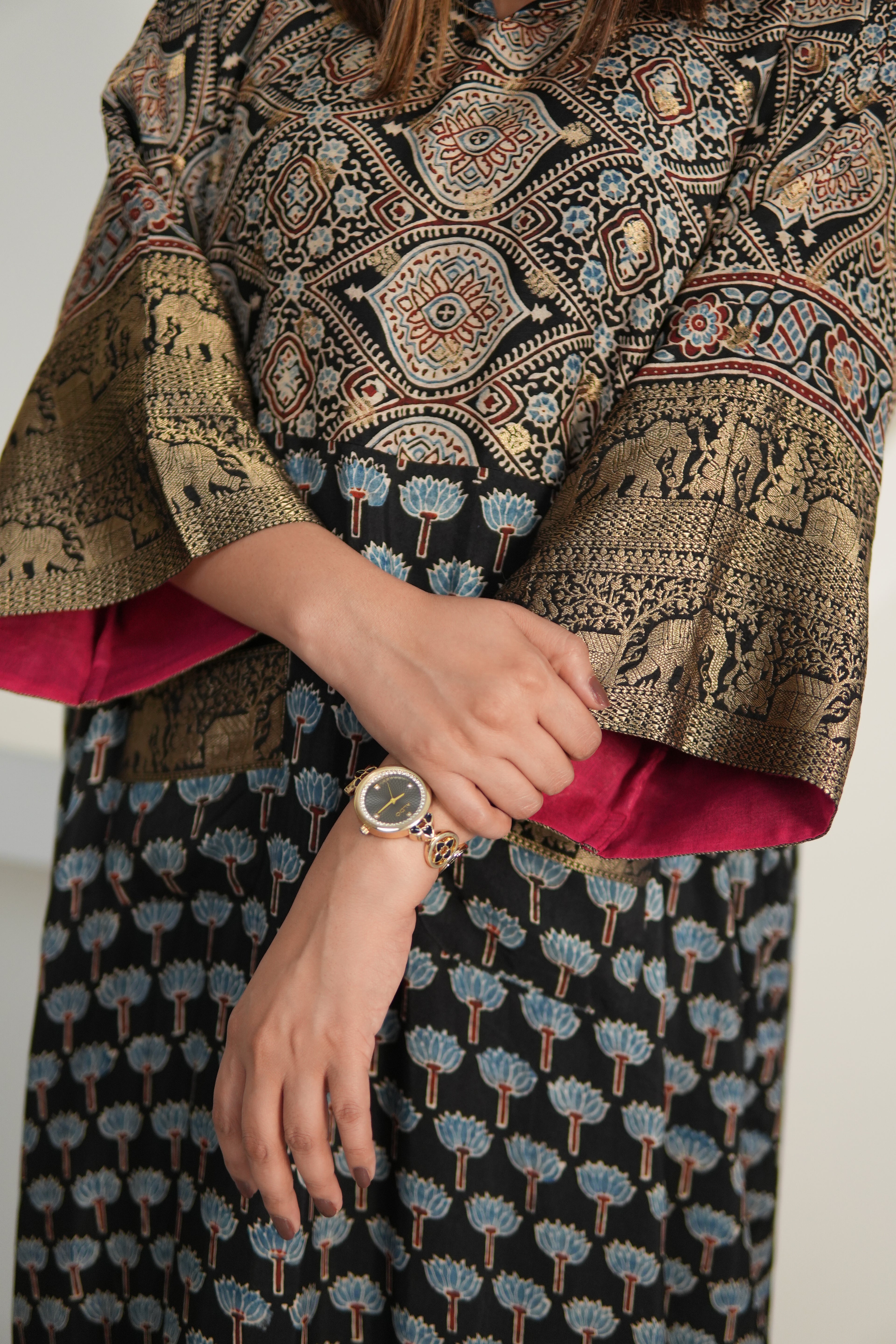 Chand Jhola Ajrakh Dola Silk Dress with Banarasi Brocade