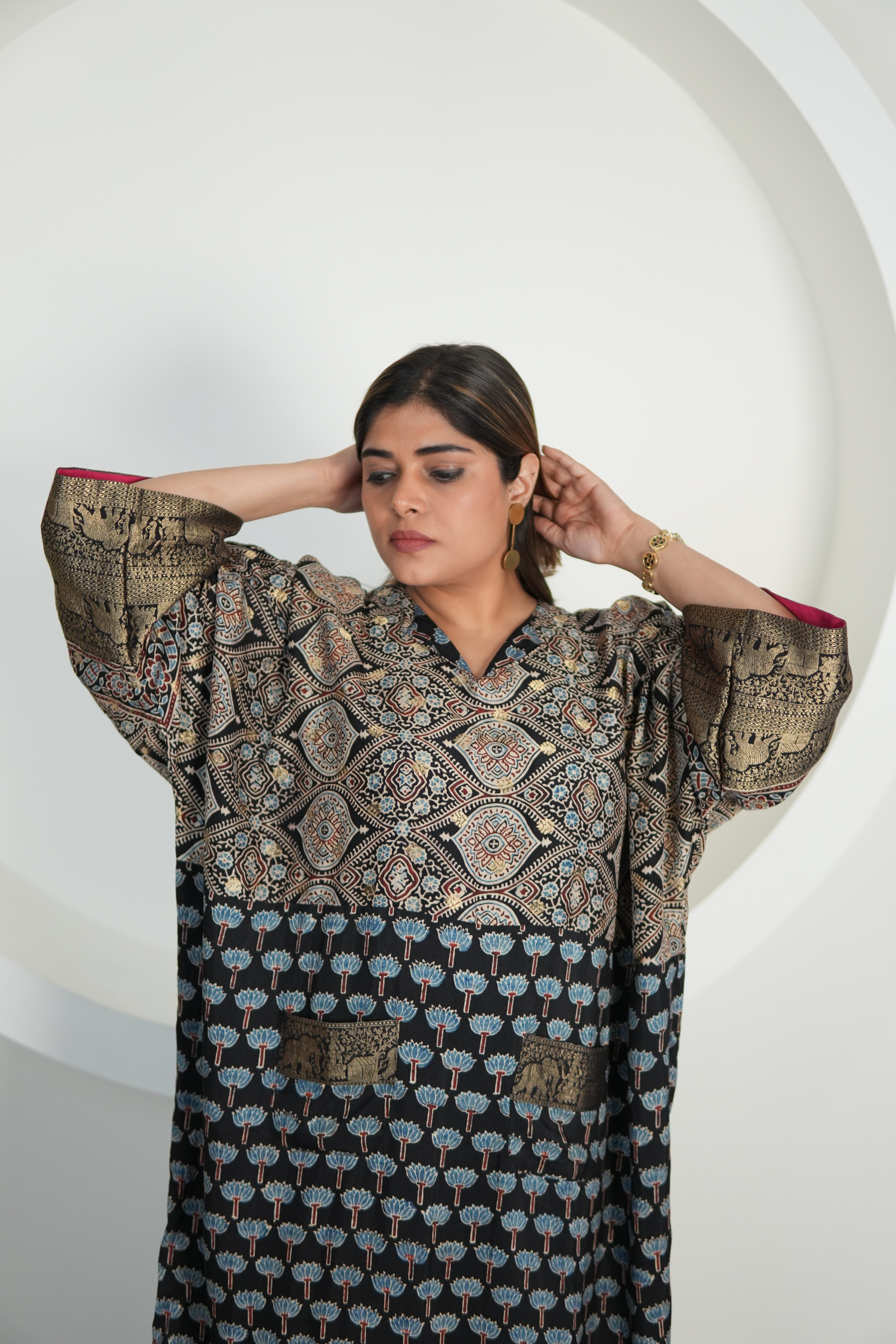 Chand Jhola Ajrakh Dola Silk Dress with Banarasi Brocade