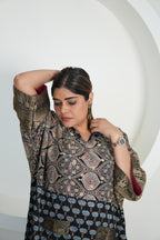 Chand Jhola Ajrakh Dola Silk Dress with Banarasi Brocade