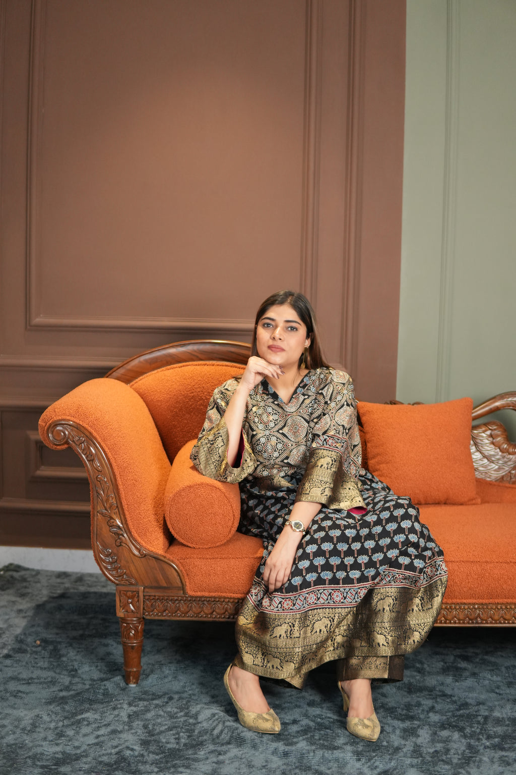 Chand Jhola Ajrakh Dola Silk Dress with Banarasi Brocade
